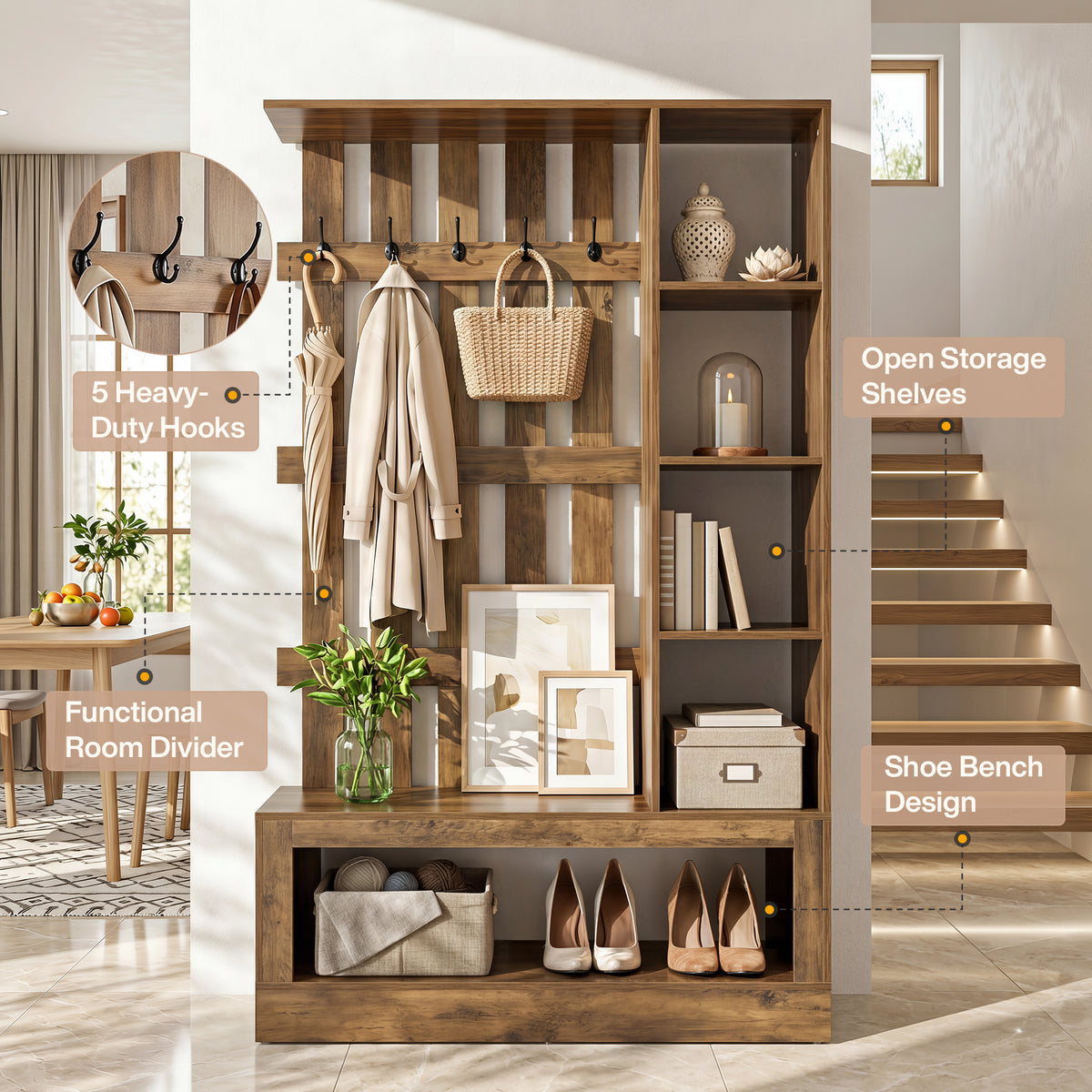180 cm roomdivider met planken en kapstok, vrijstaande houten scheidingswand voor hal en woonruimte