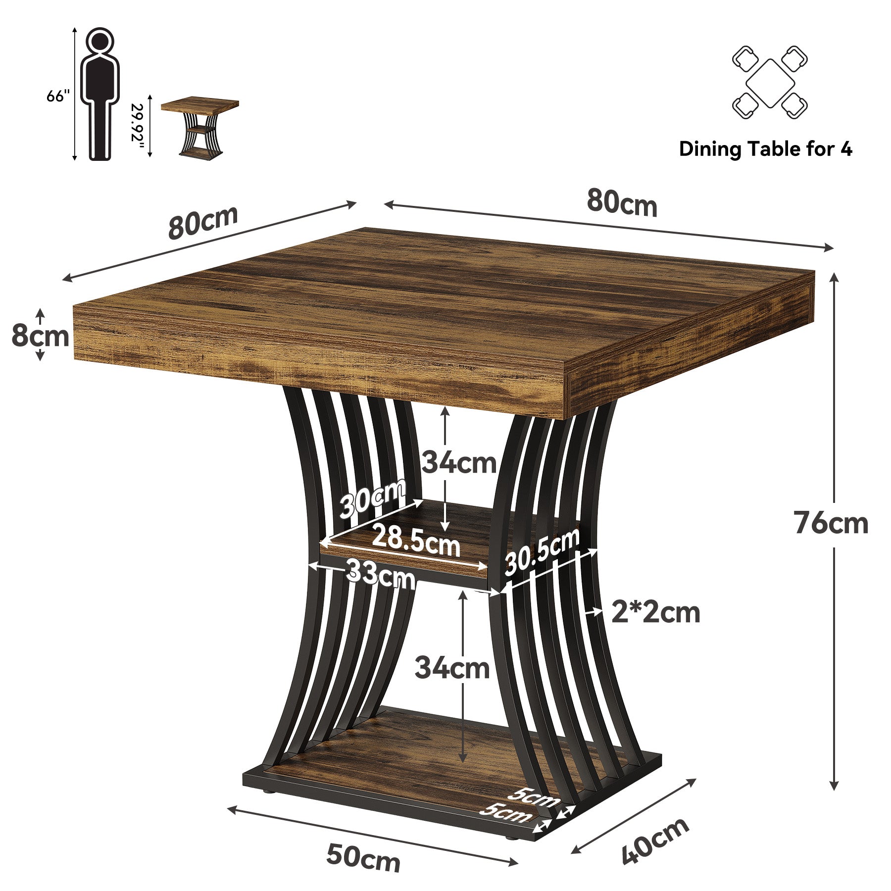 80 cm Industriële Eettafel voor 4 Personen met 2 Planken, Vierkante Keukentafel Bruin