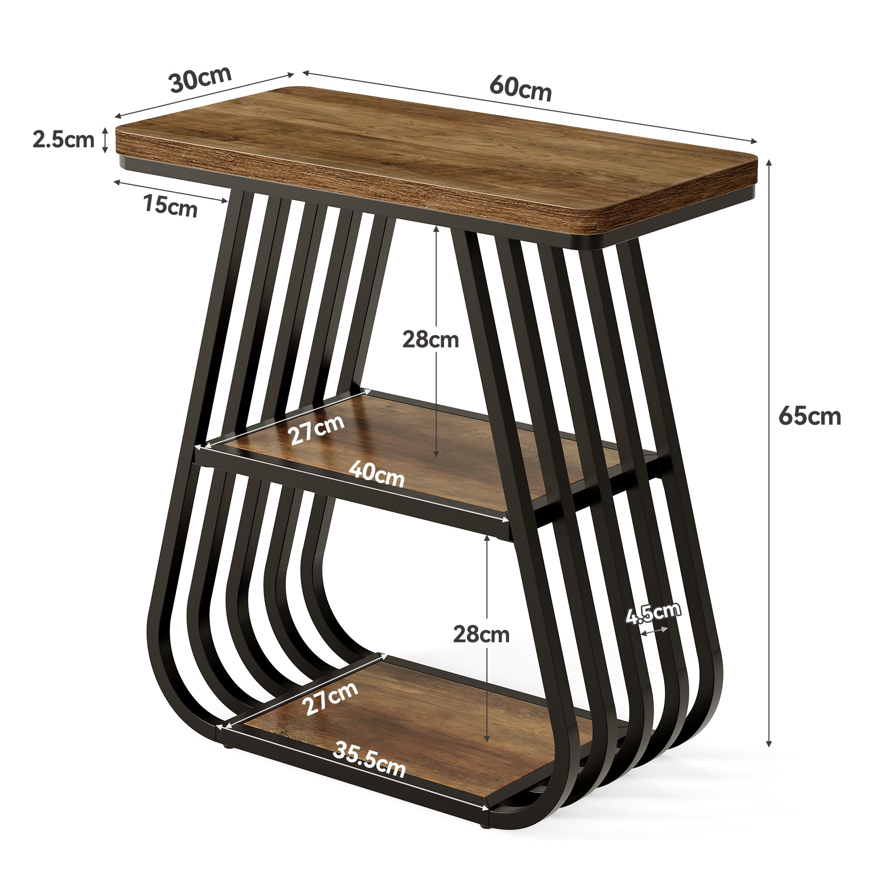 60 cm Bijzettafel voor Woonkamer, 3-Tier Smalle Tafel met Opbergplank in Eikenbruin en Zwart