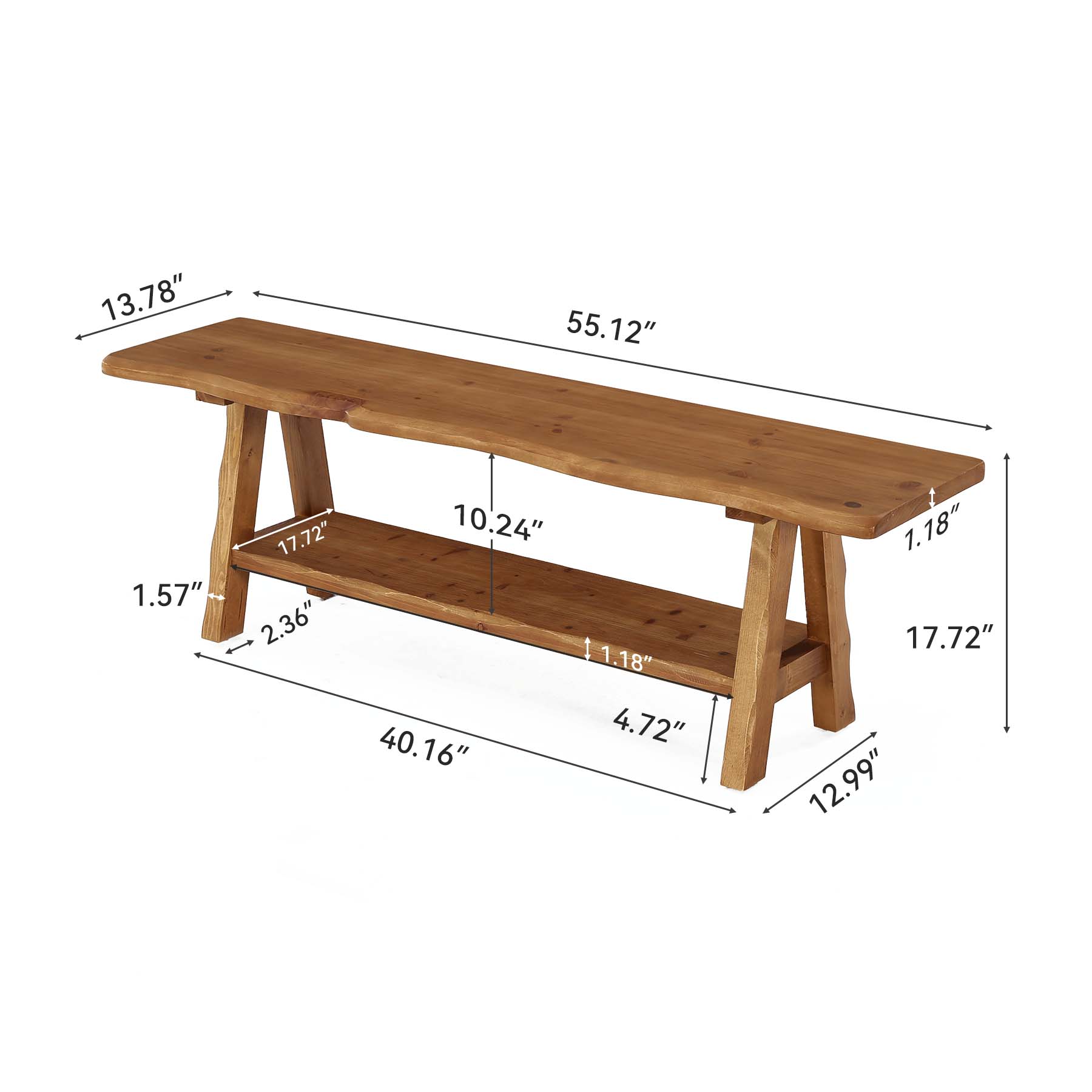 Tribesigns massief houten zitbank 140 cm, landelijke halbank met natuurlijke boomrand en 2 opbergplanken