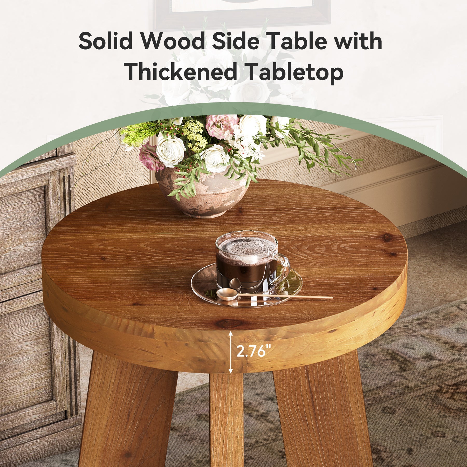 Tribesigns ronde massief houten bijzettafel, landelijke houten sofatafel met stevige poten