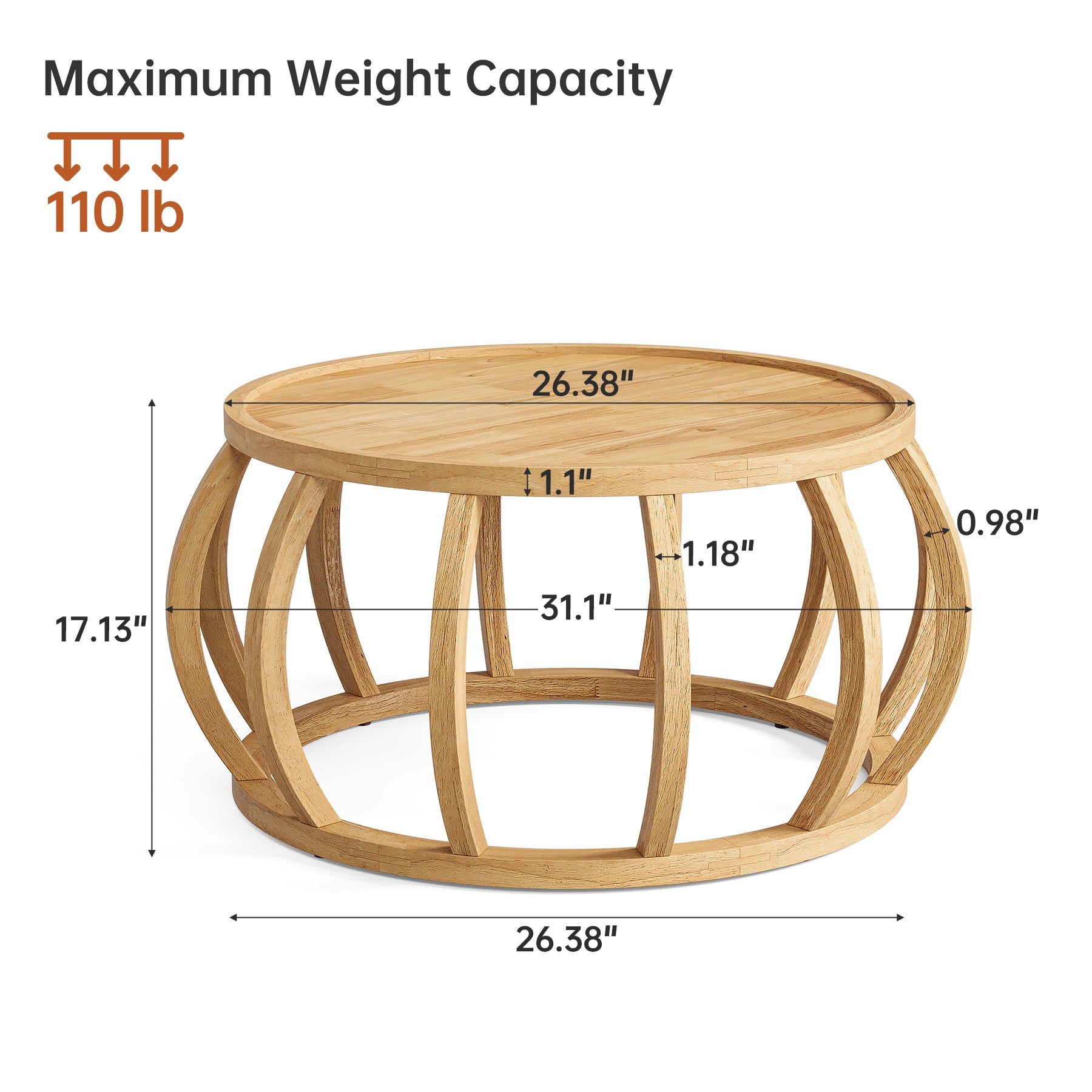 Ronde Massief Houten Salontafel, Industrieel Design met Gebogen Frame voor Elke Ruimte