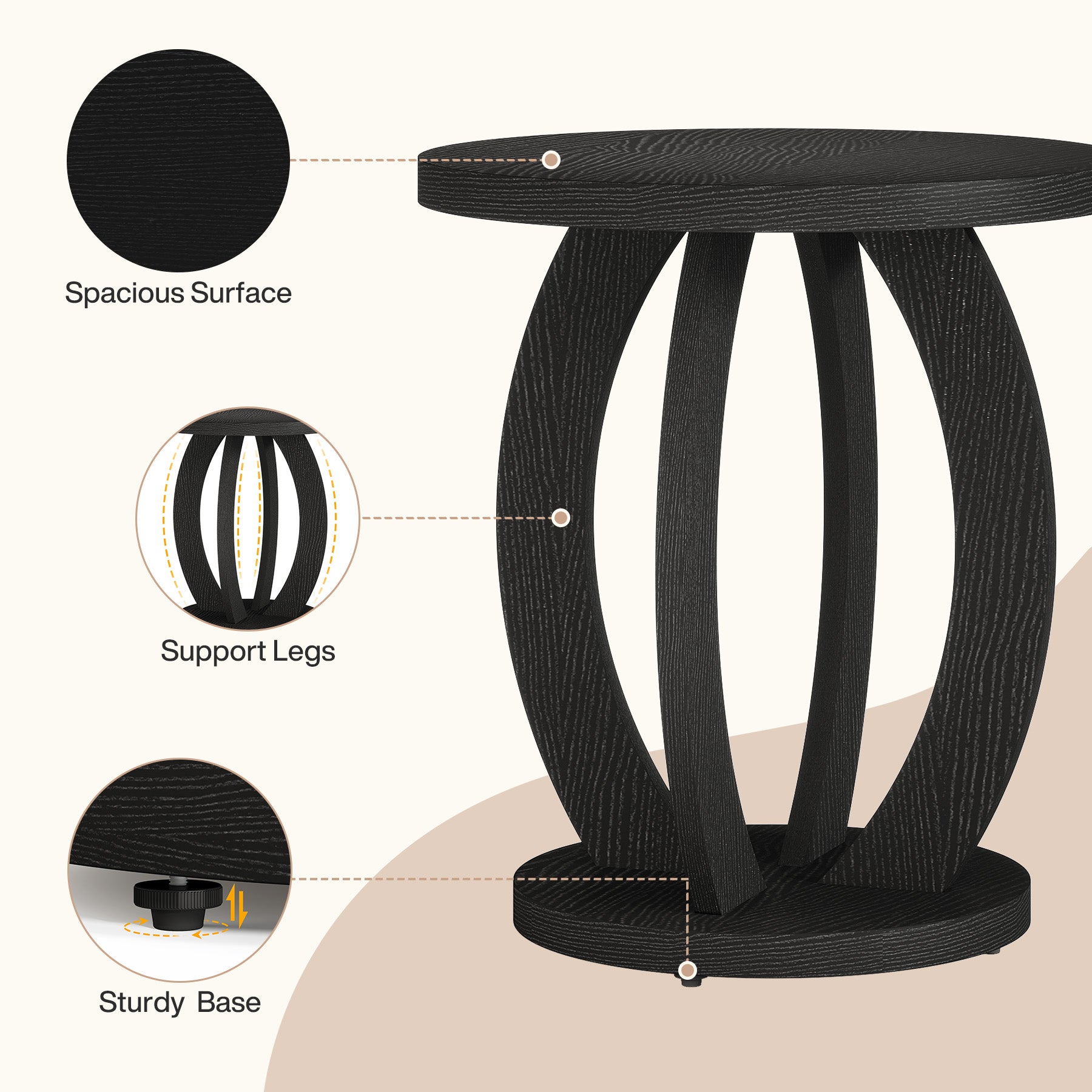60 cm Compacte ronde bijzettafel met opbergruimte, landelijk tafeltje voor kleine ruimtes