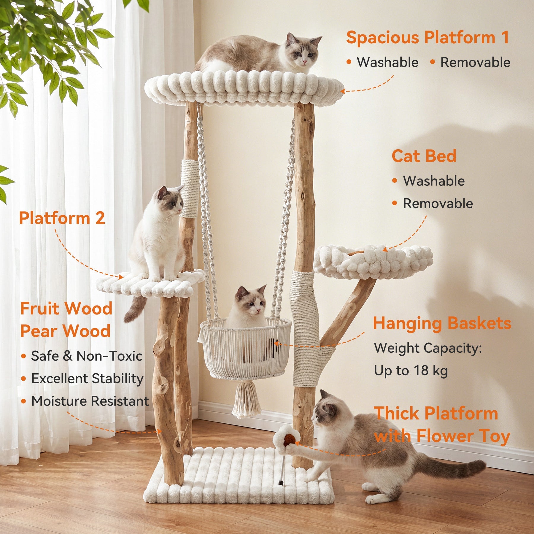 Tribesigns kattenboom van massief hout – 130 cm krabpaal met hangmat, ligvlakken en wasbare kussens