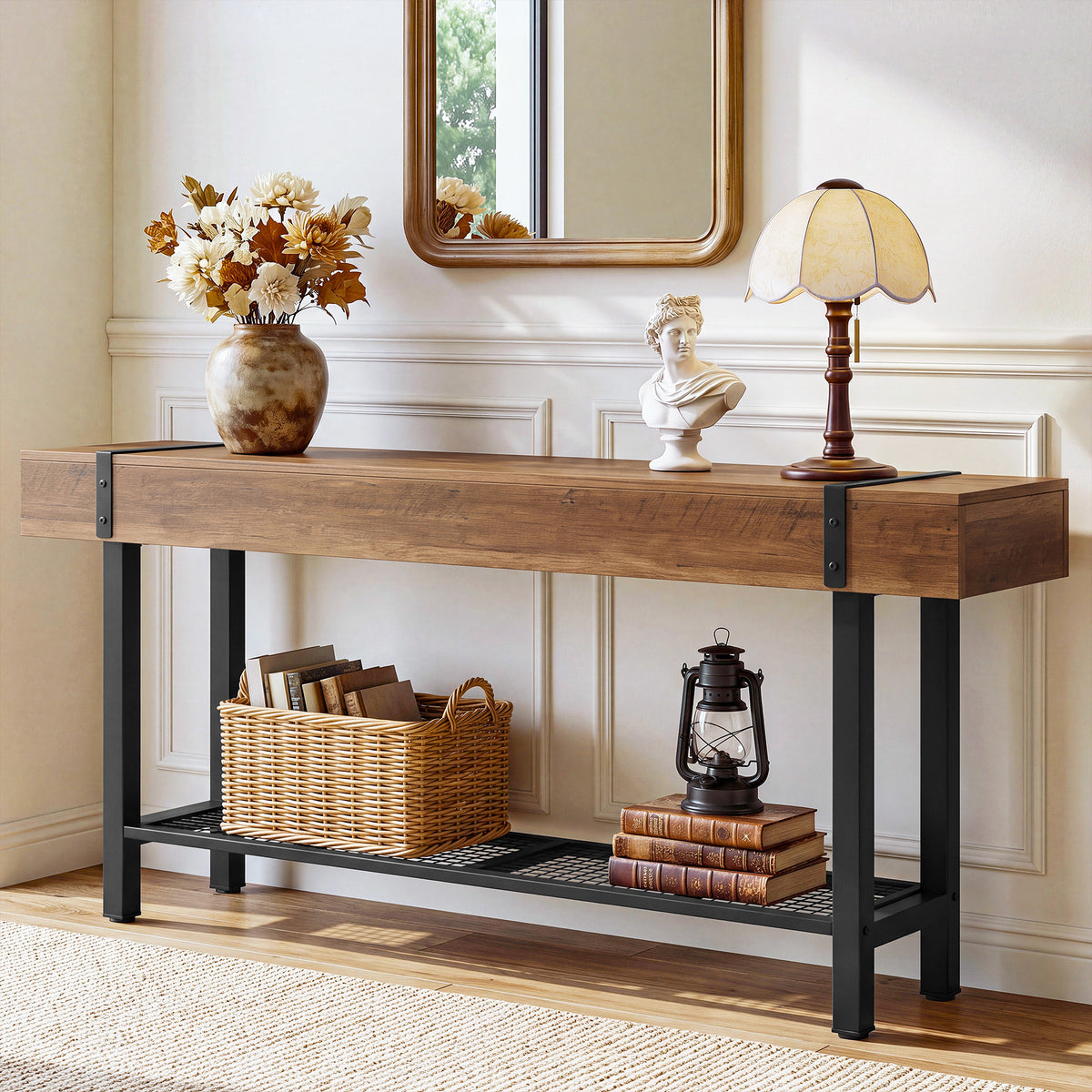 160 cm Tribesigns industriële consoletafel met 2 niveaus, smalle banktafel voor hal en achter de bank