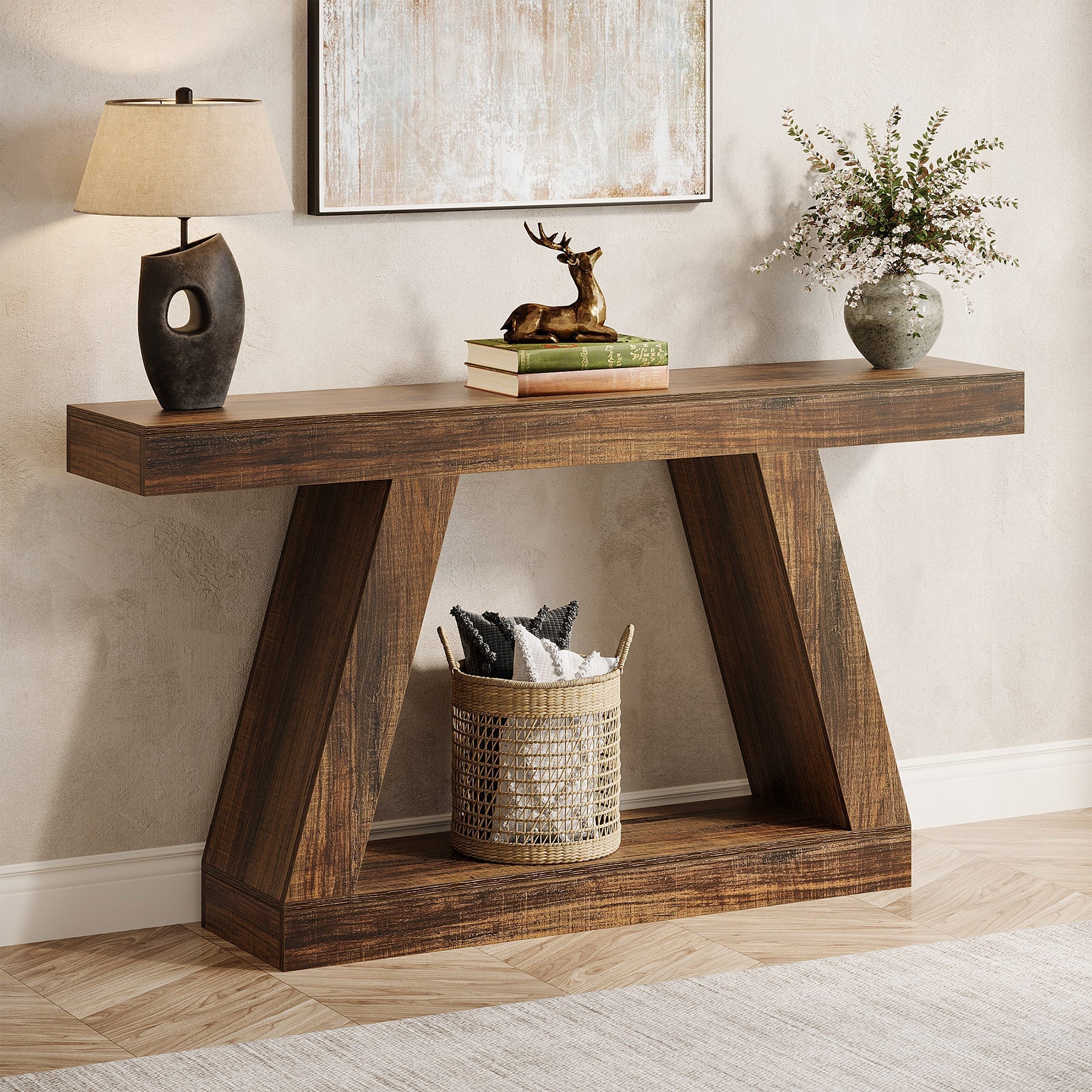 140 cm Landelijke Consoletafel, Industriële Houten Opbergtafel voor Hal en Woonkamer