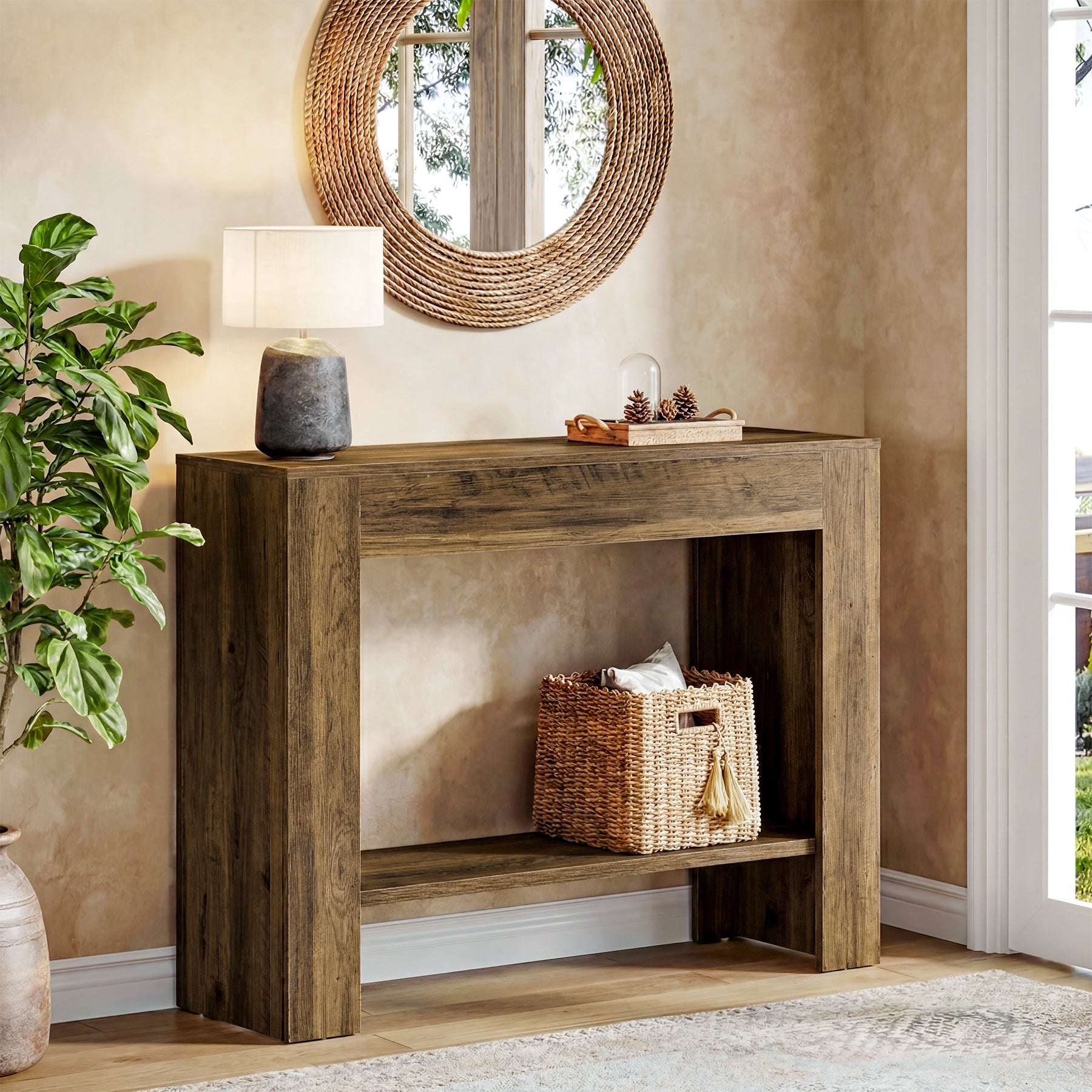 105 cm Landelijke Consoletafel met Opbergruimte, Smalle 2-Laags Sofatafel voor Hal en Gang