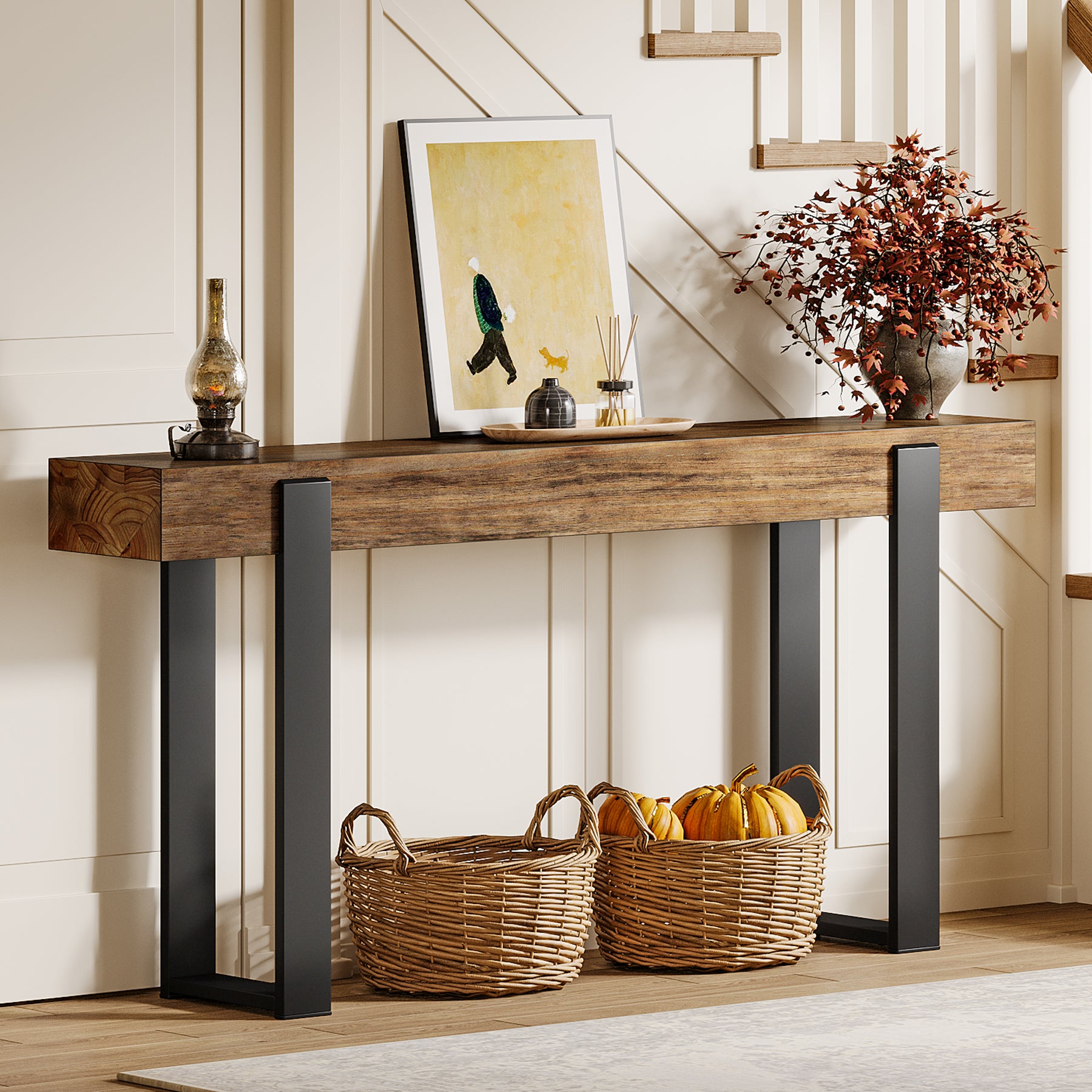 160 x 30 cm Tribesigns massief houten consoletafel met metalen steunpoten, smalle sidetable voor hal entree woonkamer en achter de bank