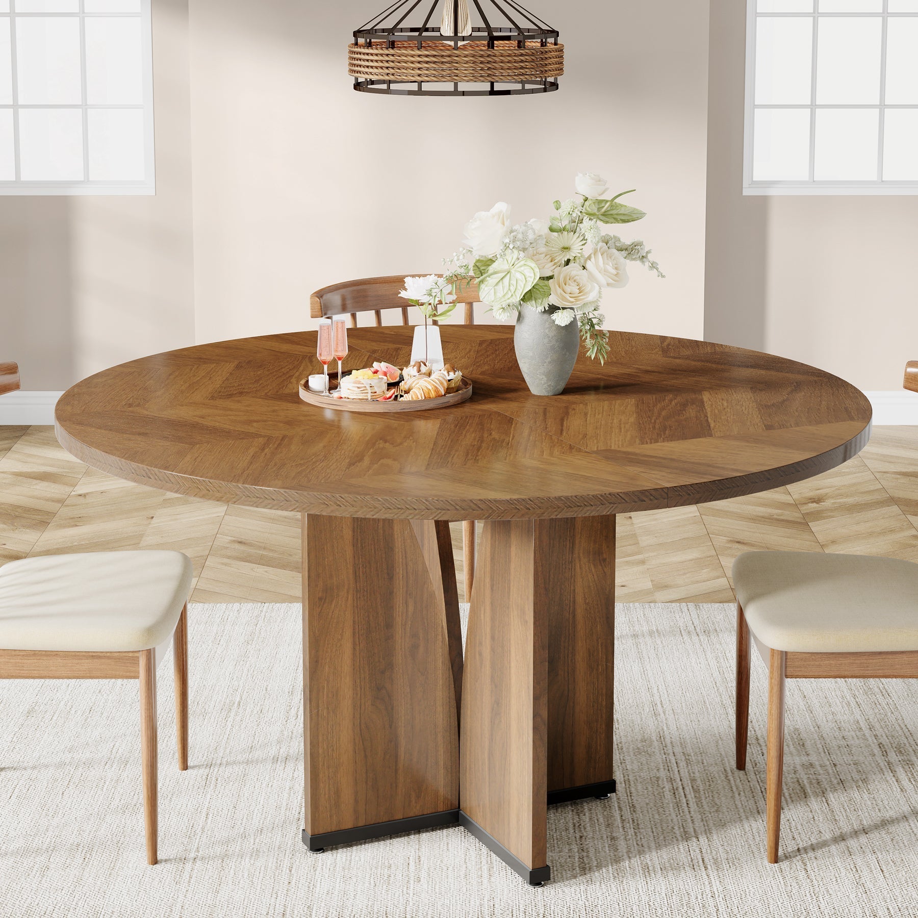 100 cm  Ronde Eettafel voor Vier Personen, Landelijke Keukentafel met X-Vormige Voet