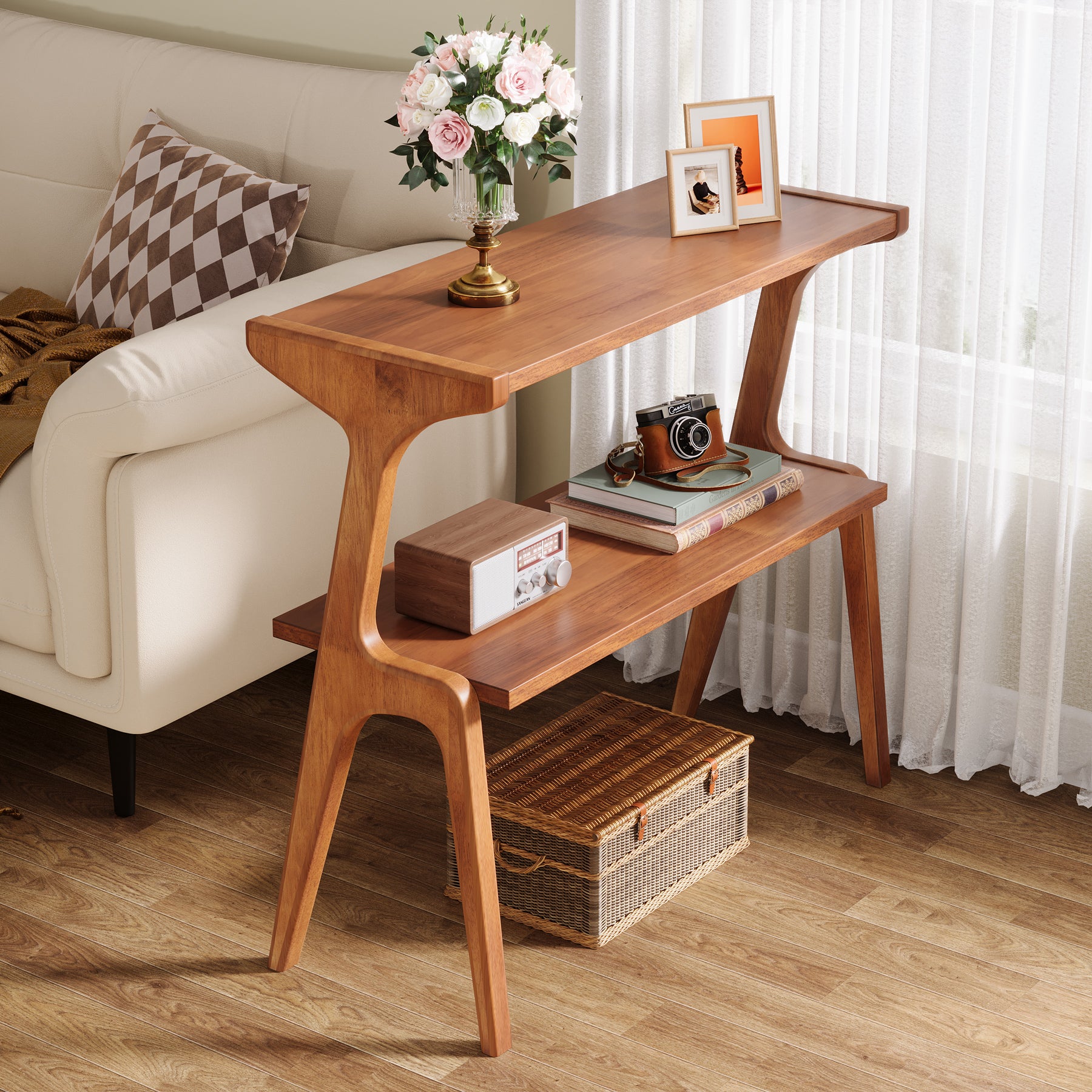 70 cm Tribesigns Bijzettafel van Massief Hout, Smalle 2-Laagse Tafel met Legplanken