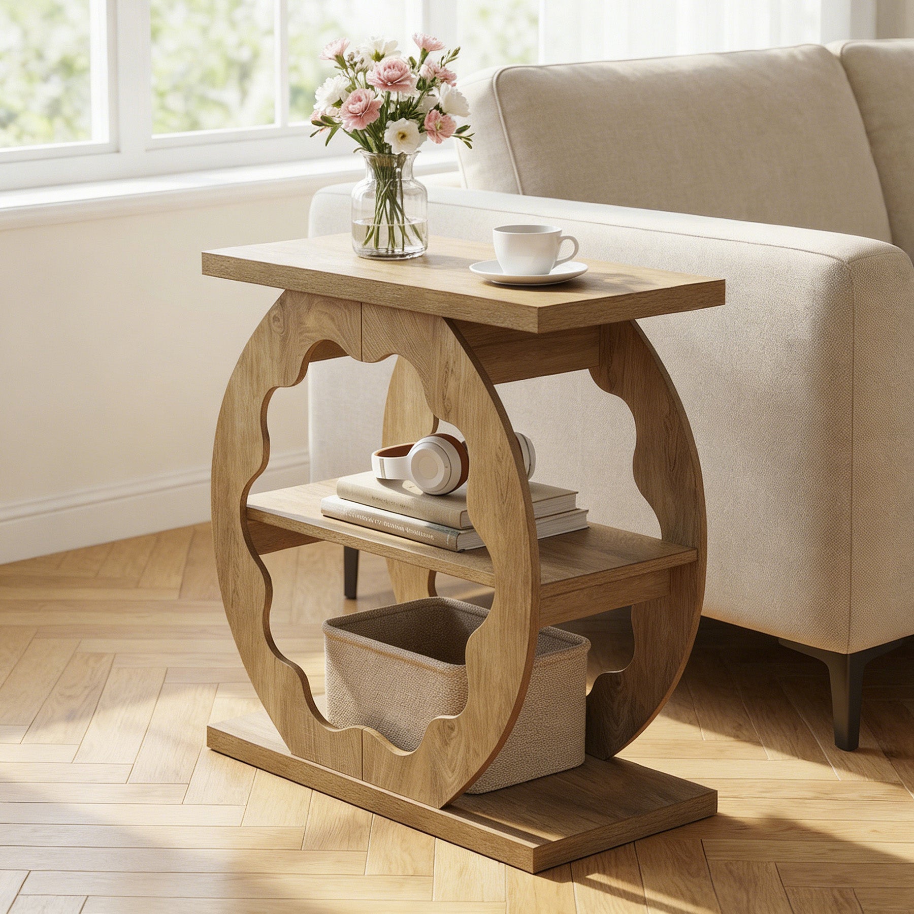 60 cm Smalle Bijzettafel met 3 Niveaus en Opbergrek, Houten Tafel voor Slaapkamer en Kleine Ruimtes