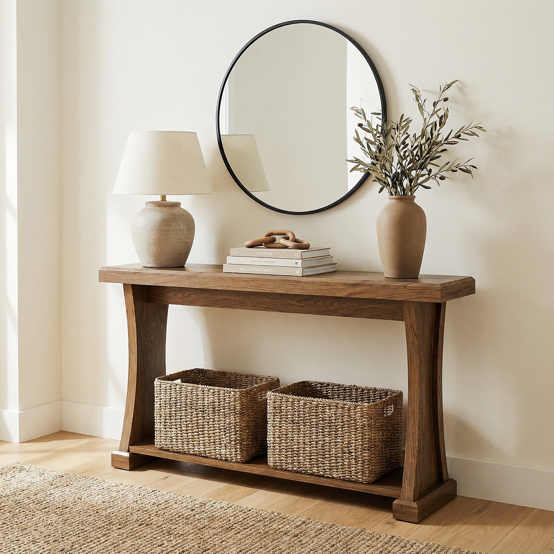 160 cm Houten Consoletafel, Smalle Sidetable met 2-Laags Rek voor Hal
