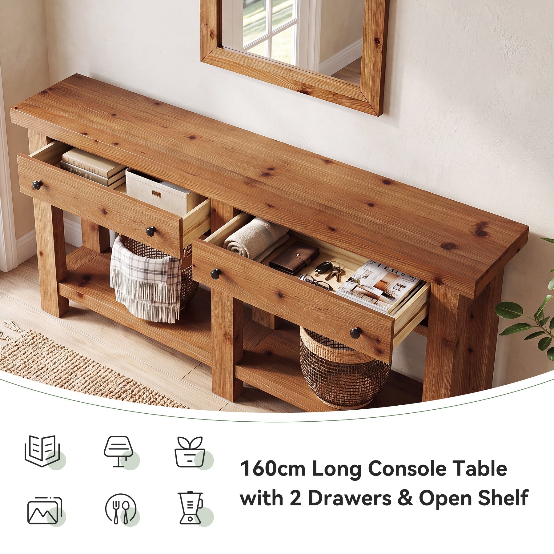 Tribesigns massief houten consoletafel 160 cm met 2 lades, smalle haltafel met plank