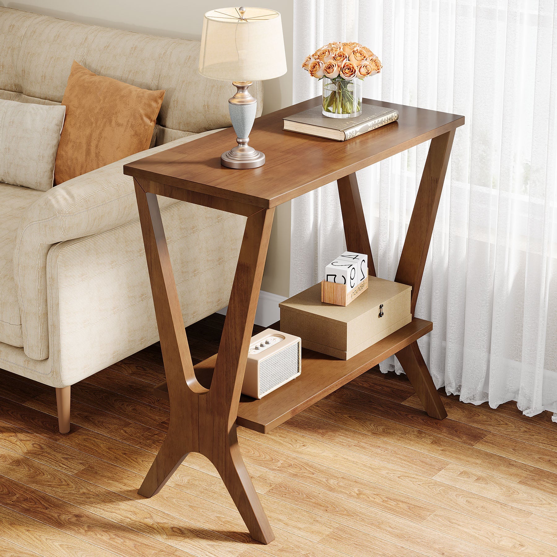 Tribesigns 60 cm bijzettafel van massief hout met 2 planken, smal nachtkastje voor woonkamer & slaapkamer
