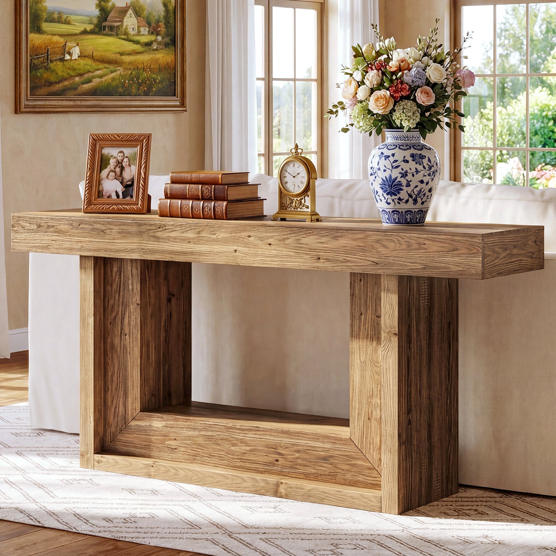 160 cm Houten Consoletafel met Open Opbergrek, Landelijke Smalle Haltafel vooar Woonkamer Entree Hal