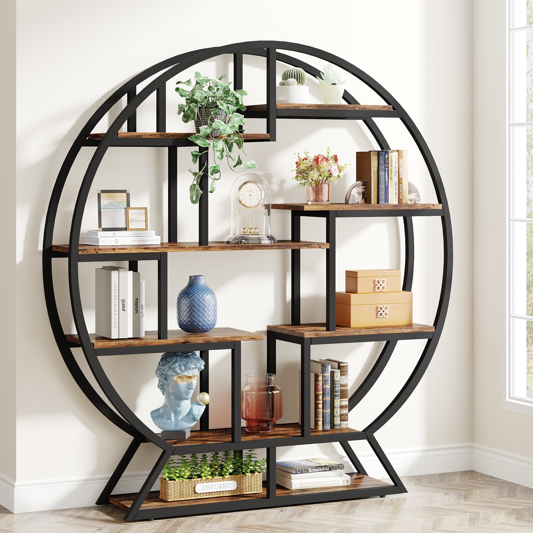160 cm Ronde Boekenkast, Vijfplanken Opbergmeubel voor Kantoor en Woonkamer