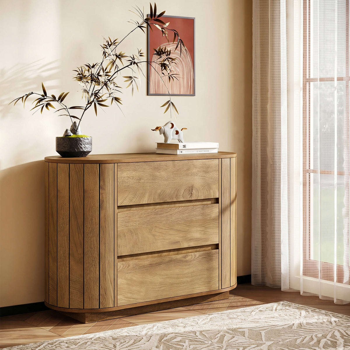 Tribesigns 90 cm groot nachtkastje met 3 lades en lattenontwerp, modern eiken zijtafel voor slaapkamer