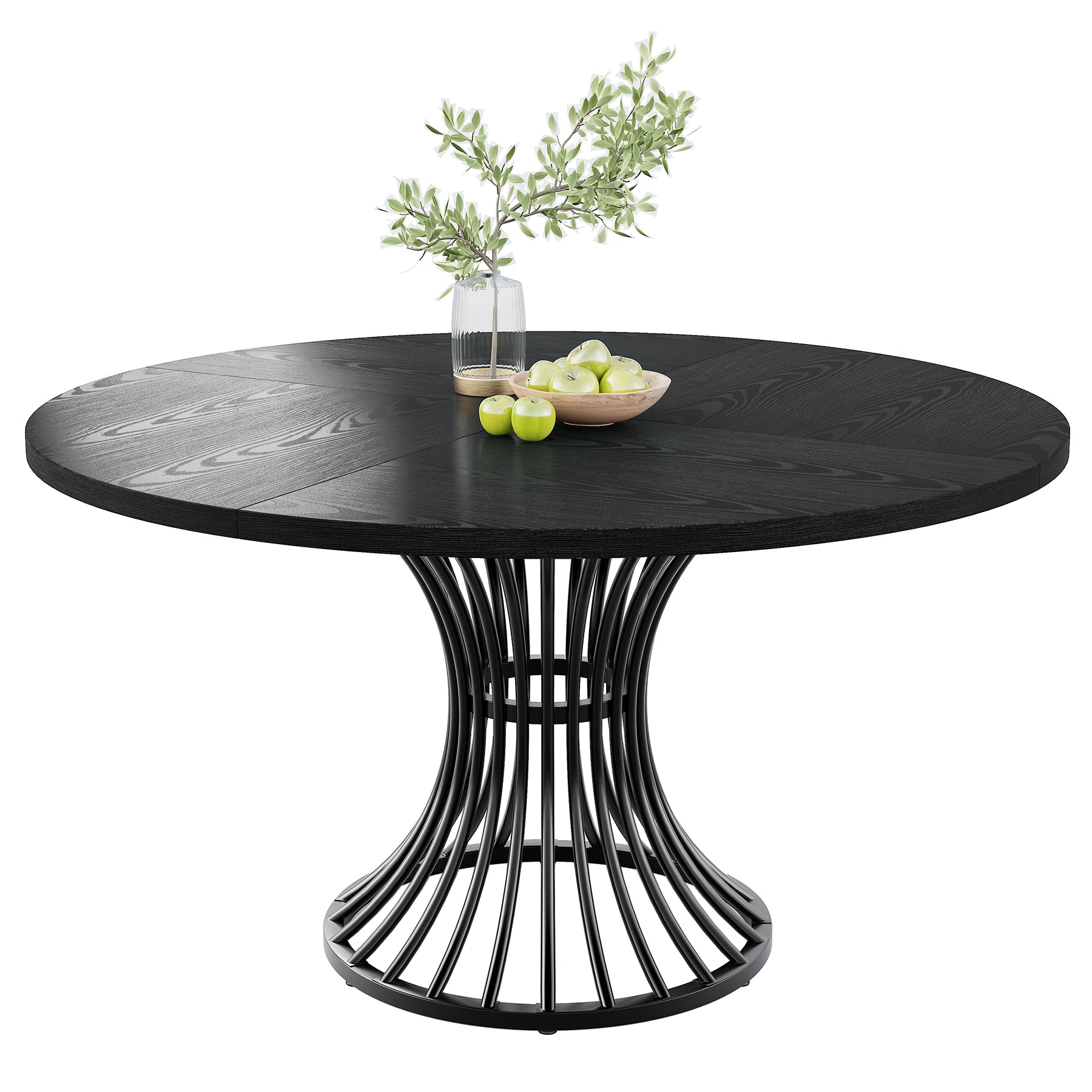 119 cm Ronde Industriële Eettafel, Voor 4-6 Personen met Metalen Frame in Zwart en Bruin