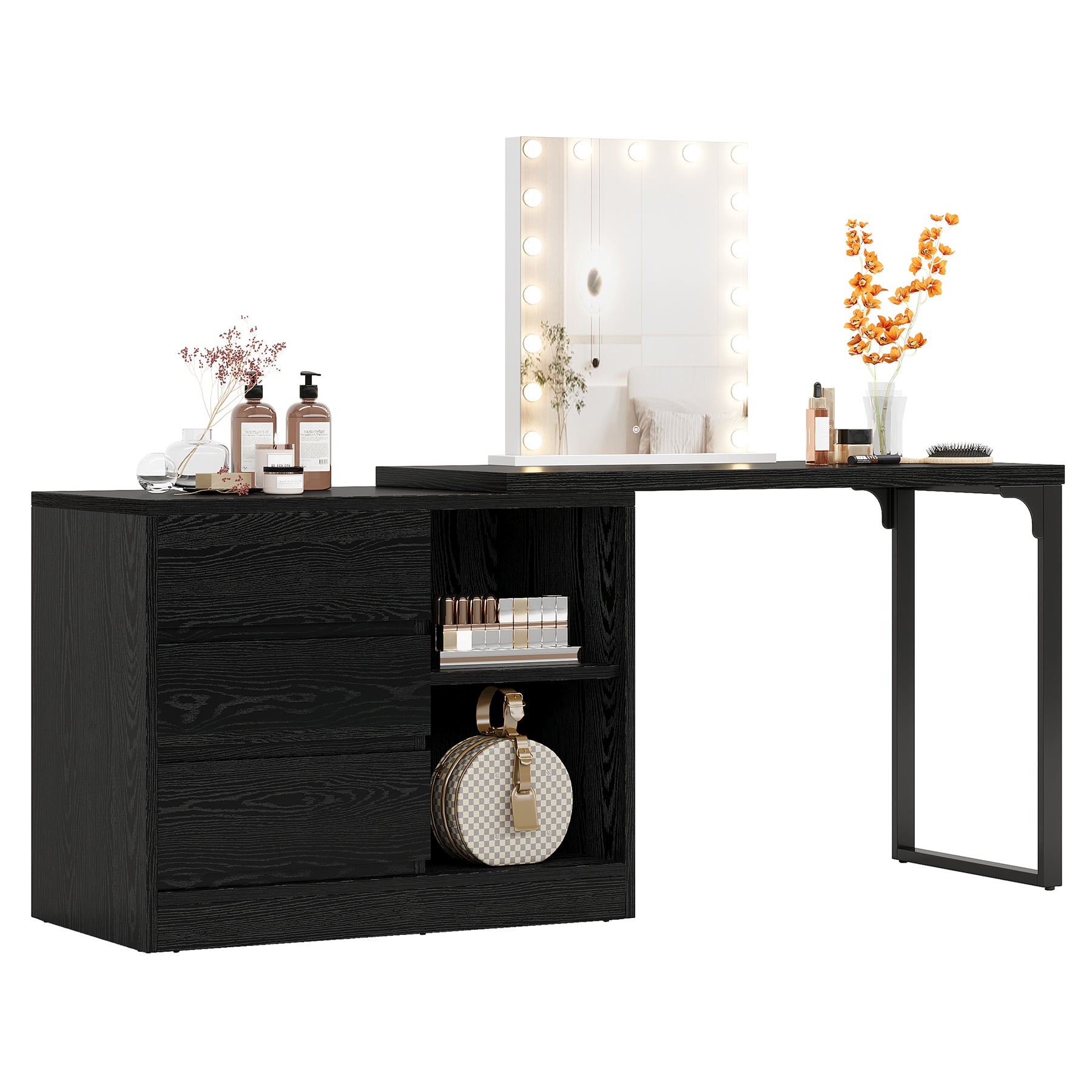 100 cm Kaptafel met 3 Laden en 2 Planken, Hoek Schminktafel met Opbergkast Zonder Spiegel