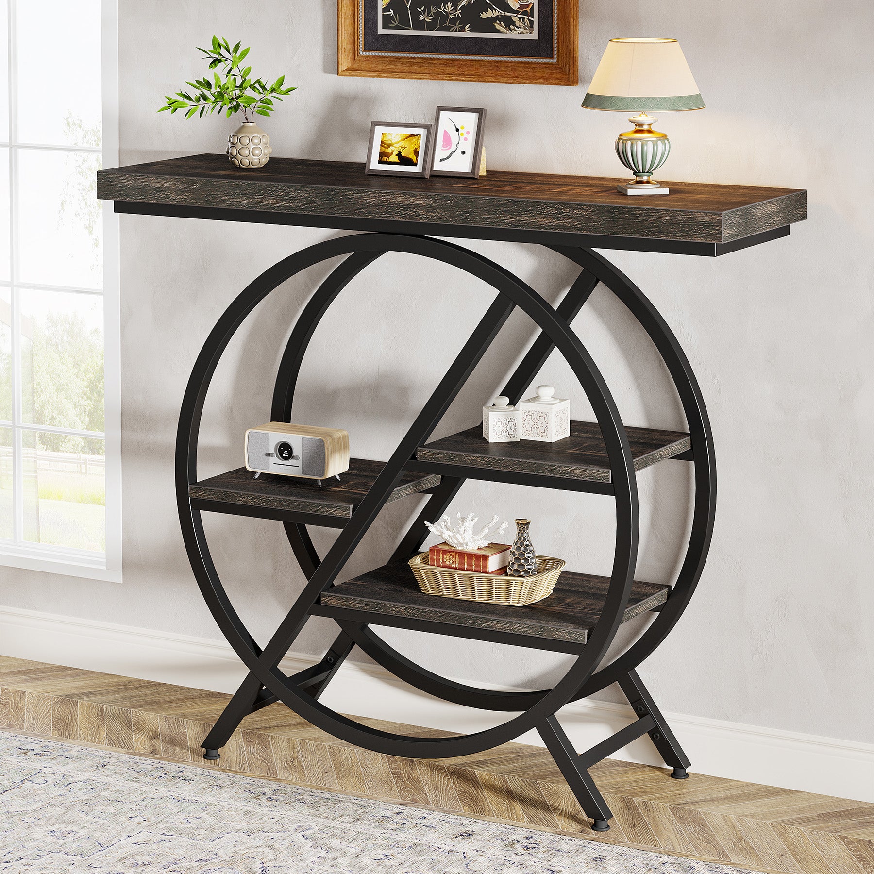 100 cm Industriële Consoletafel – Geometrisch Frame met Dik Blad voor Rustieke Uitstraling