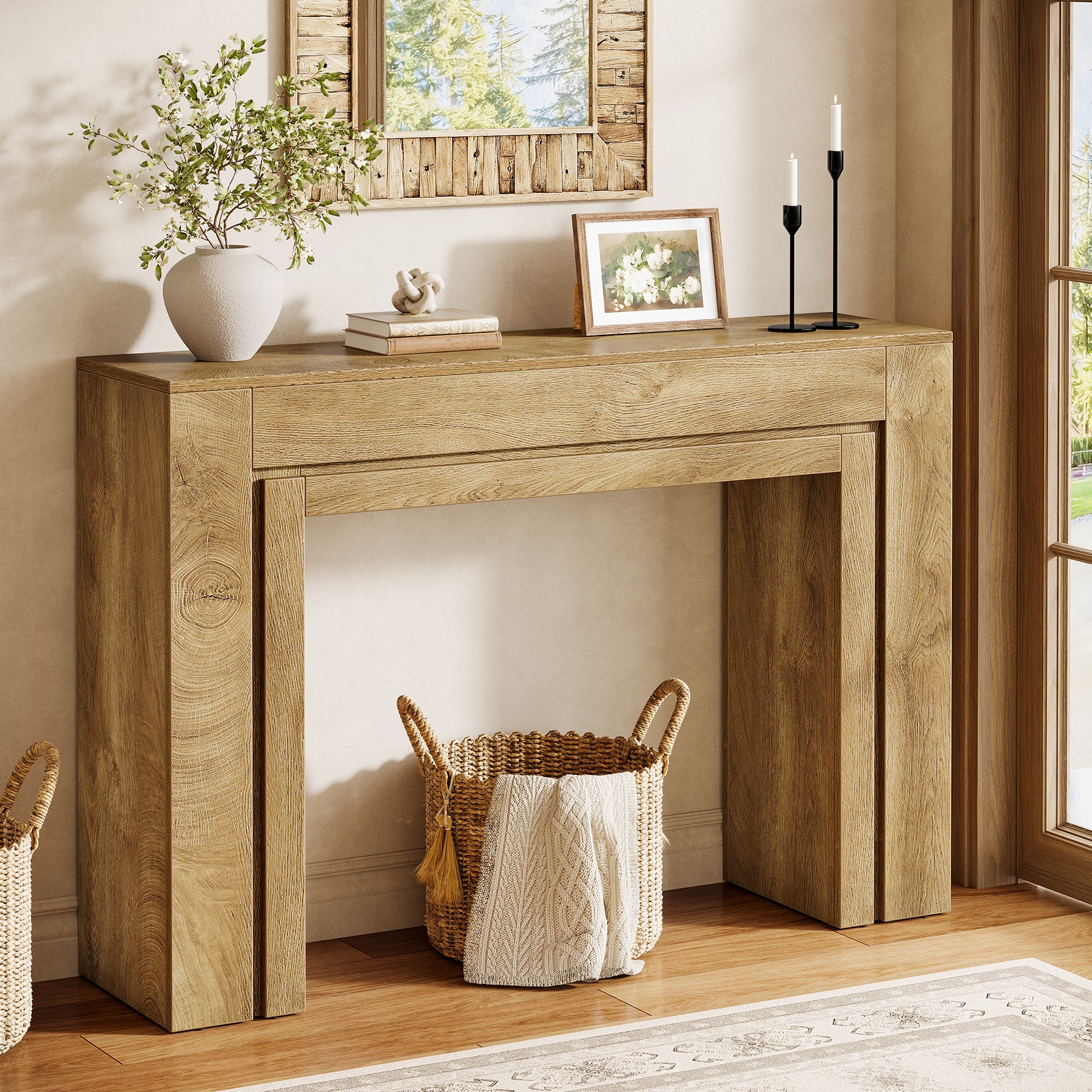 105 cm Landelijke Consoletafel met Dubbele Basis, Smalle Entreetafel voor Hal Woonkamer en Foyer