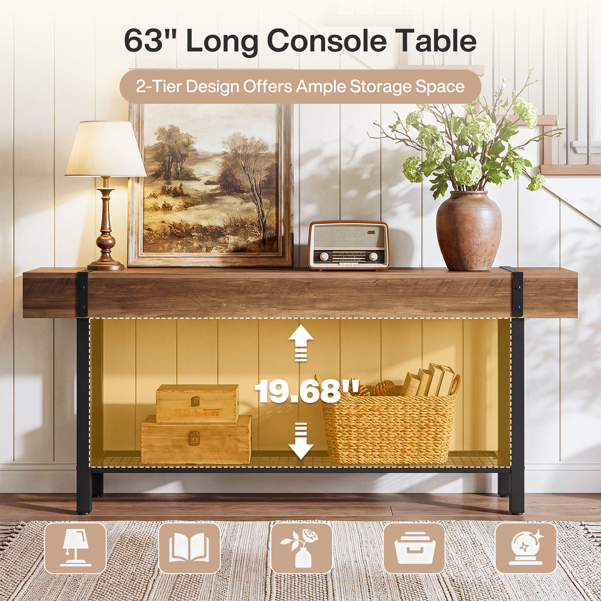 160 cm Tribesigns industriële consoletafel met 2 niveaus, smalle banktafel voor hal en achter de bank