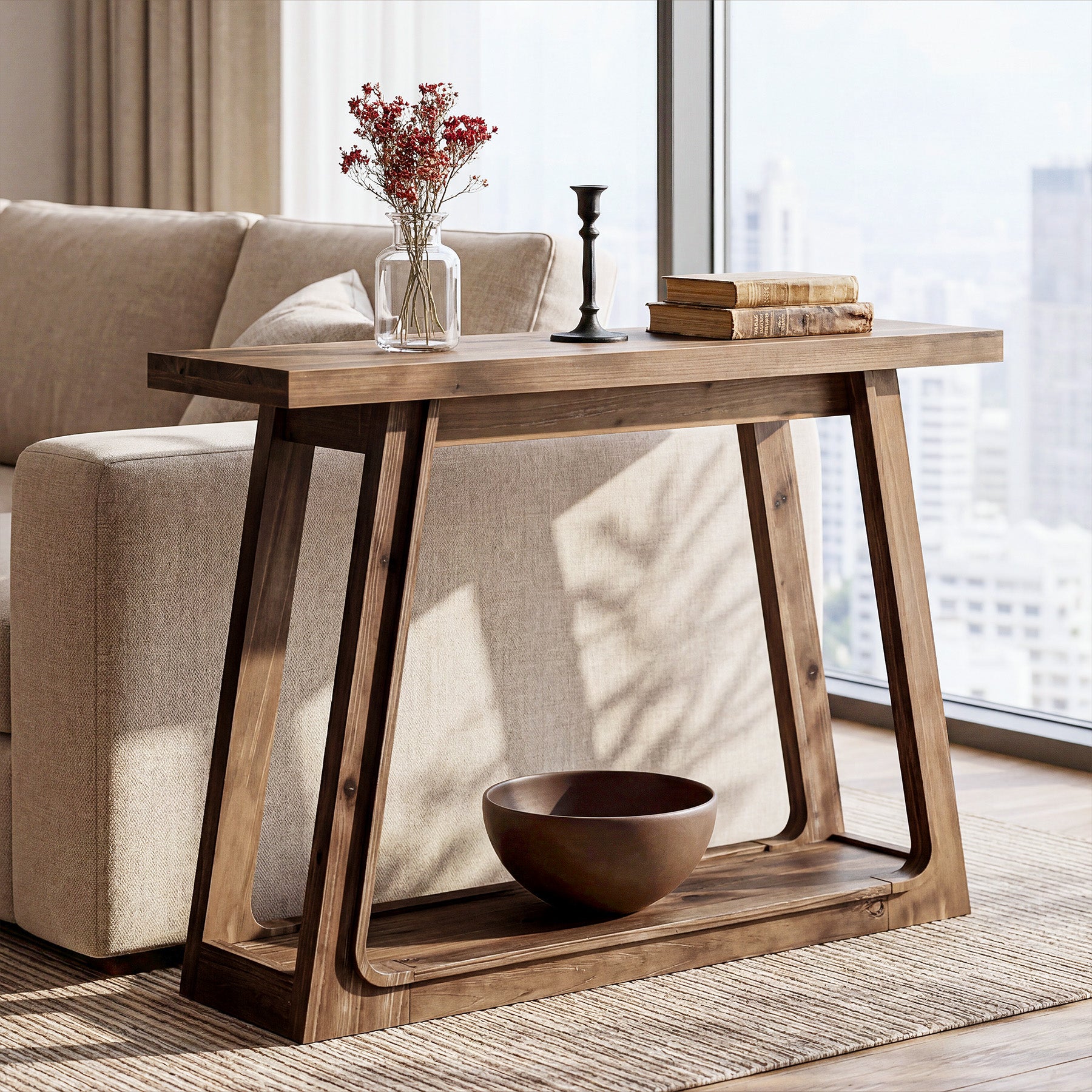 105 x 30 x 80 cm Tribesigns massief houten sidetable met trapeziumvormige basis, haltafel voor entree en woonkamer