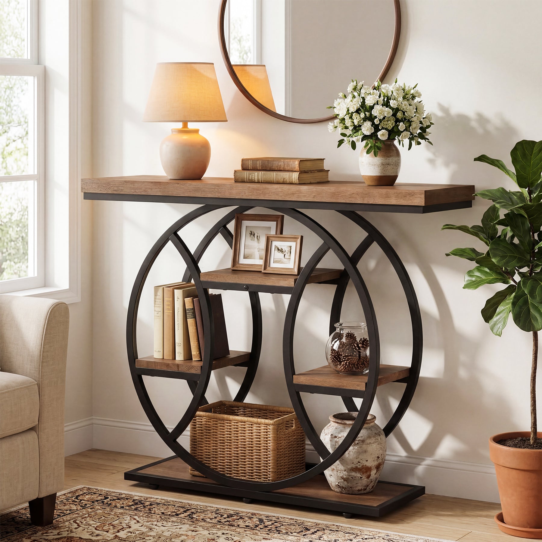 105 cm Tribesigns Consoletafel, 4-Laagse Sidetable met Rond Frame