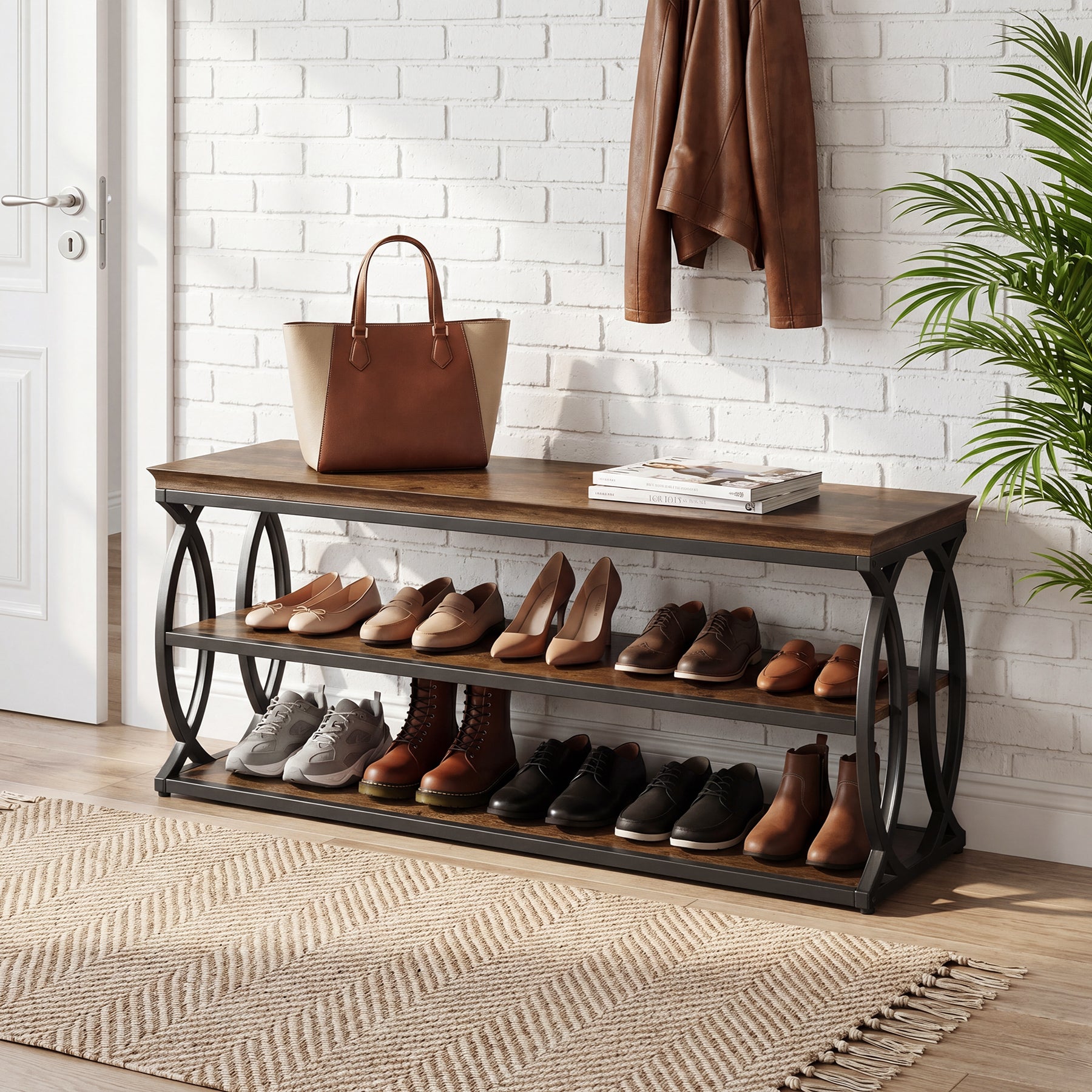 120 cm Schoenenbank, 3-Laags Schoenenrek met Metalen Frame