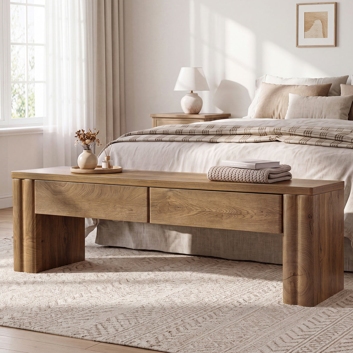 140 cm Tribesigns bedbank met 2 verborgen opberglades, moderne landelijke zitbank in warme eikenlook voor slaapkamer