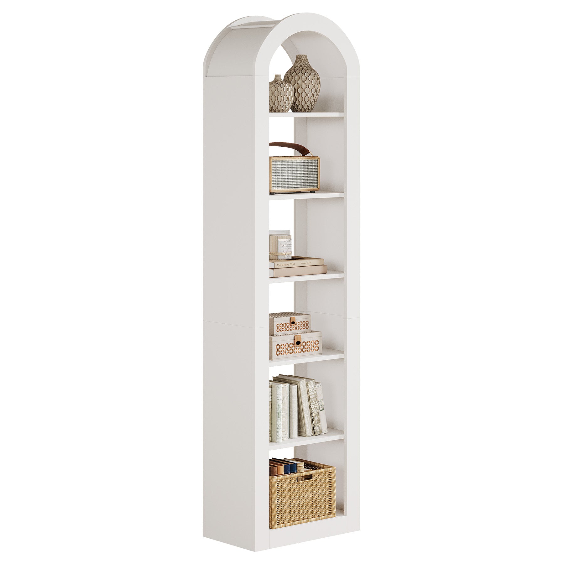190 cm Boogvormige Boekenkast met 6 Niveaus, Smalle Open Boekenkast voor Display en Opbergen