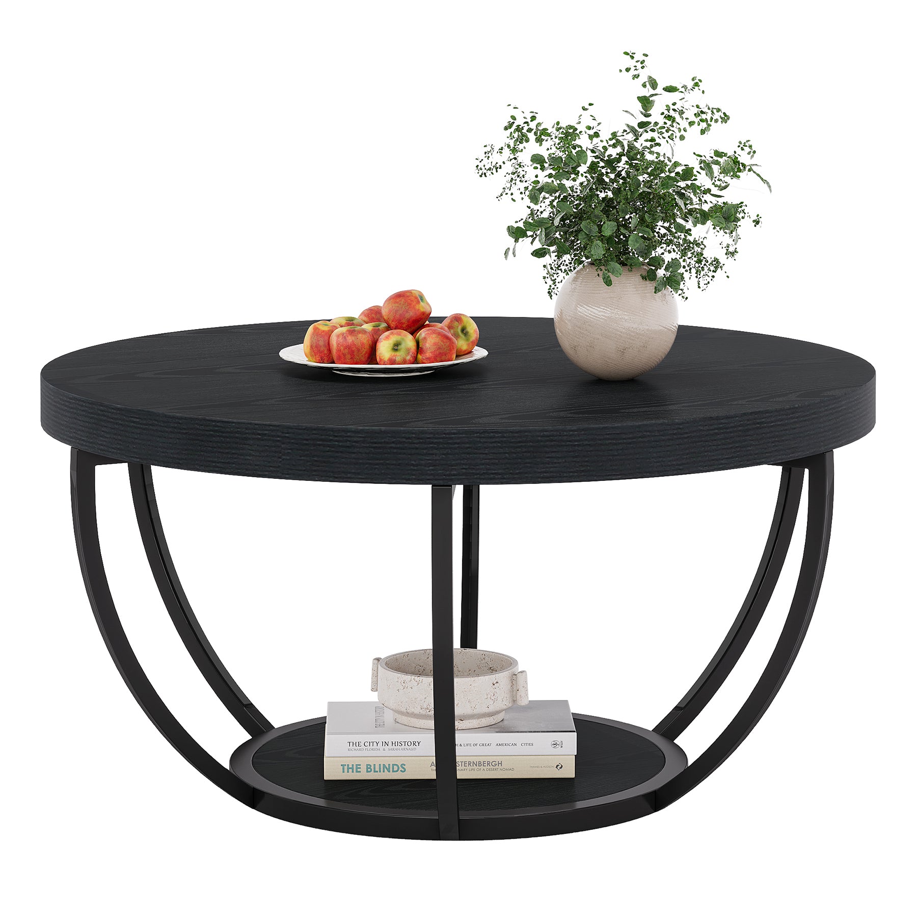 80,5 cm Ronde Industriële Salontafel, Tweelaags Middentafel in Rustiek Bruin en Zwart