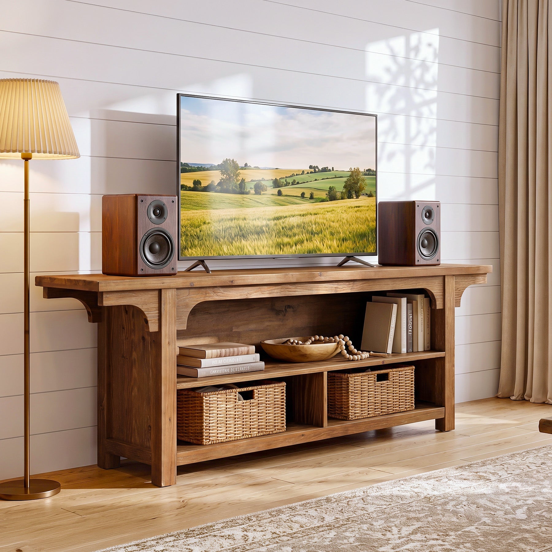 Tribesigns 160 cm TV-Meubel van Massief Hout voor TV's van 55–70 Inch, TV-Kast met 3 Open Vakken