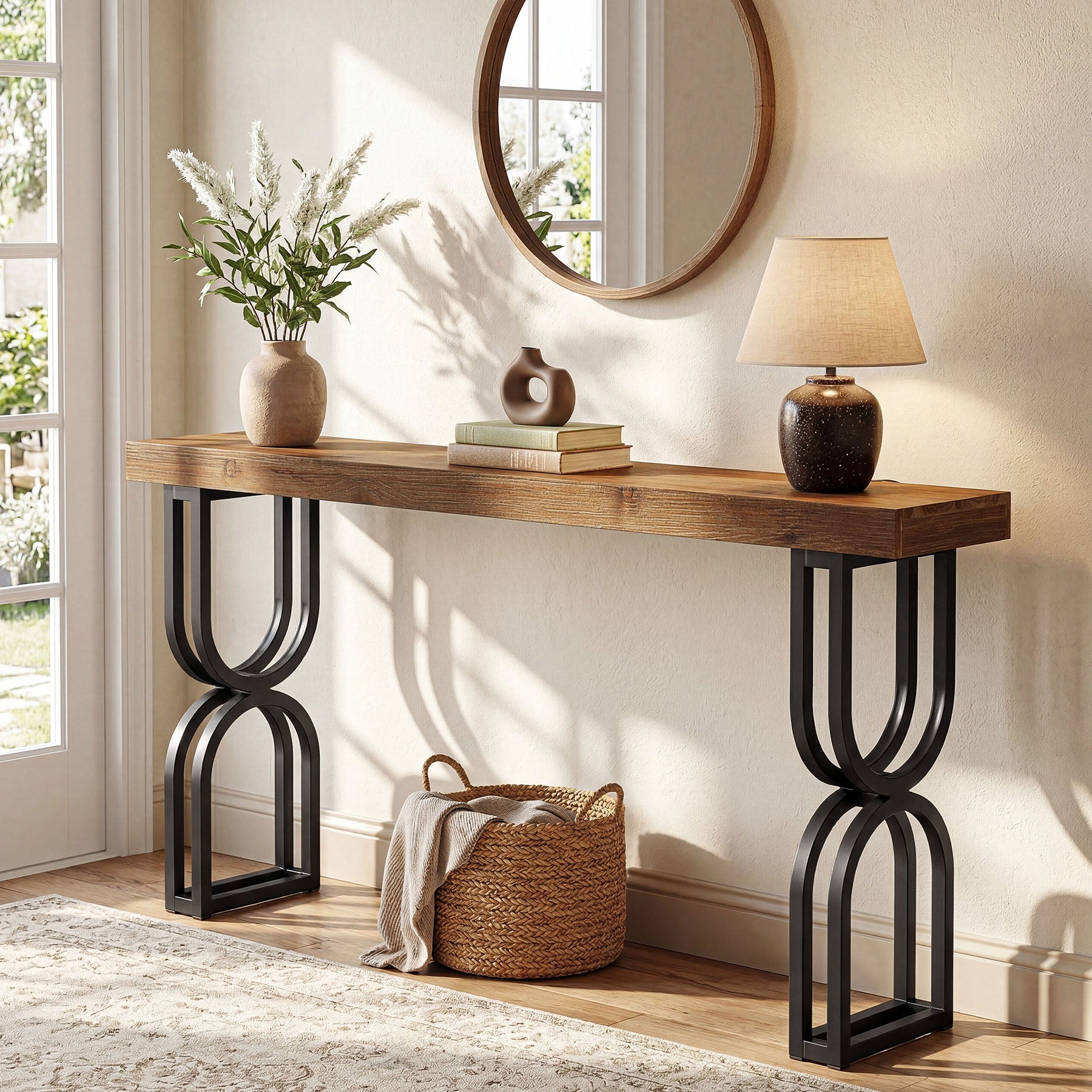 150 cm Massief Houten Consoletafel, U-vormige Metalen Poten voor Hal