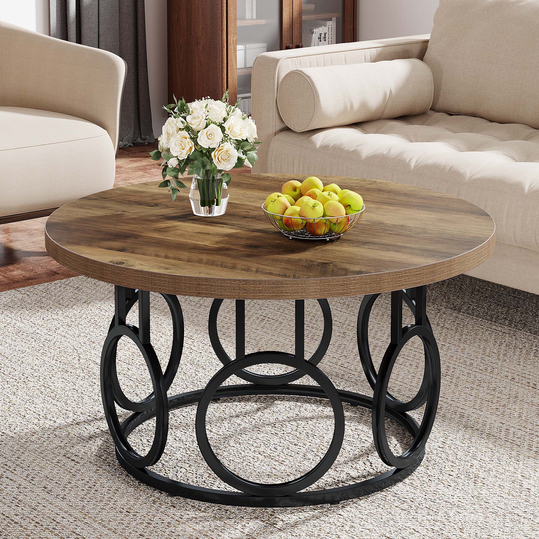 Ronde Salontafel 80 × 80 × 45 cm in Rustiek Hout, Moderne Industriële Tafel met Metalen Onderstel