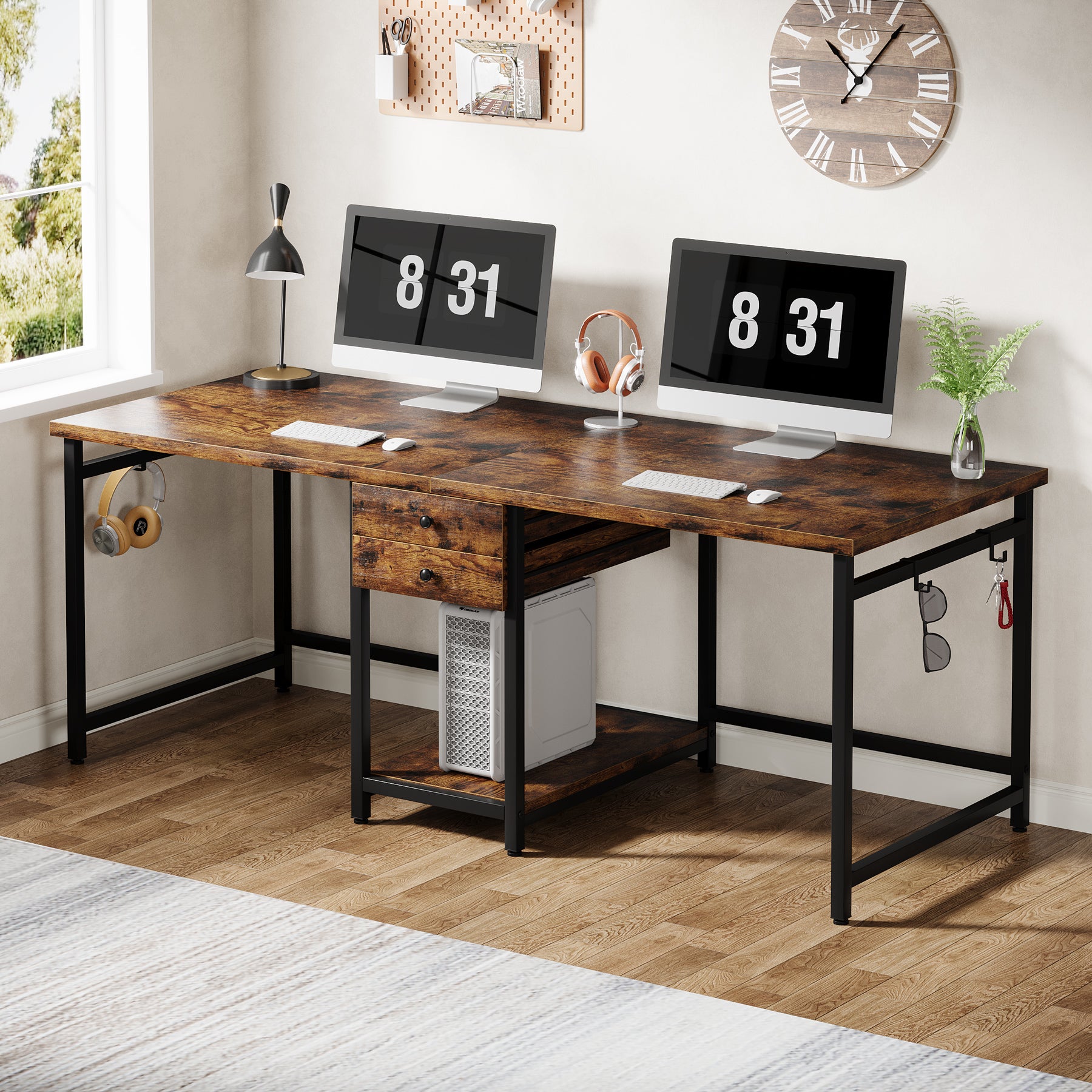 200 cm Tribesigns dubbel bureau met 2 lades en planken, industrieel werkbureau voor kantoor en studie