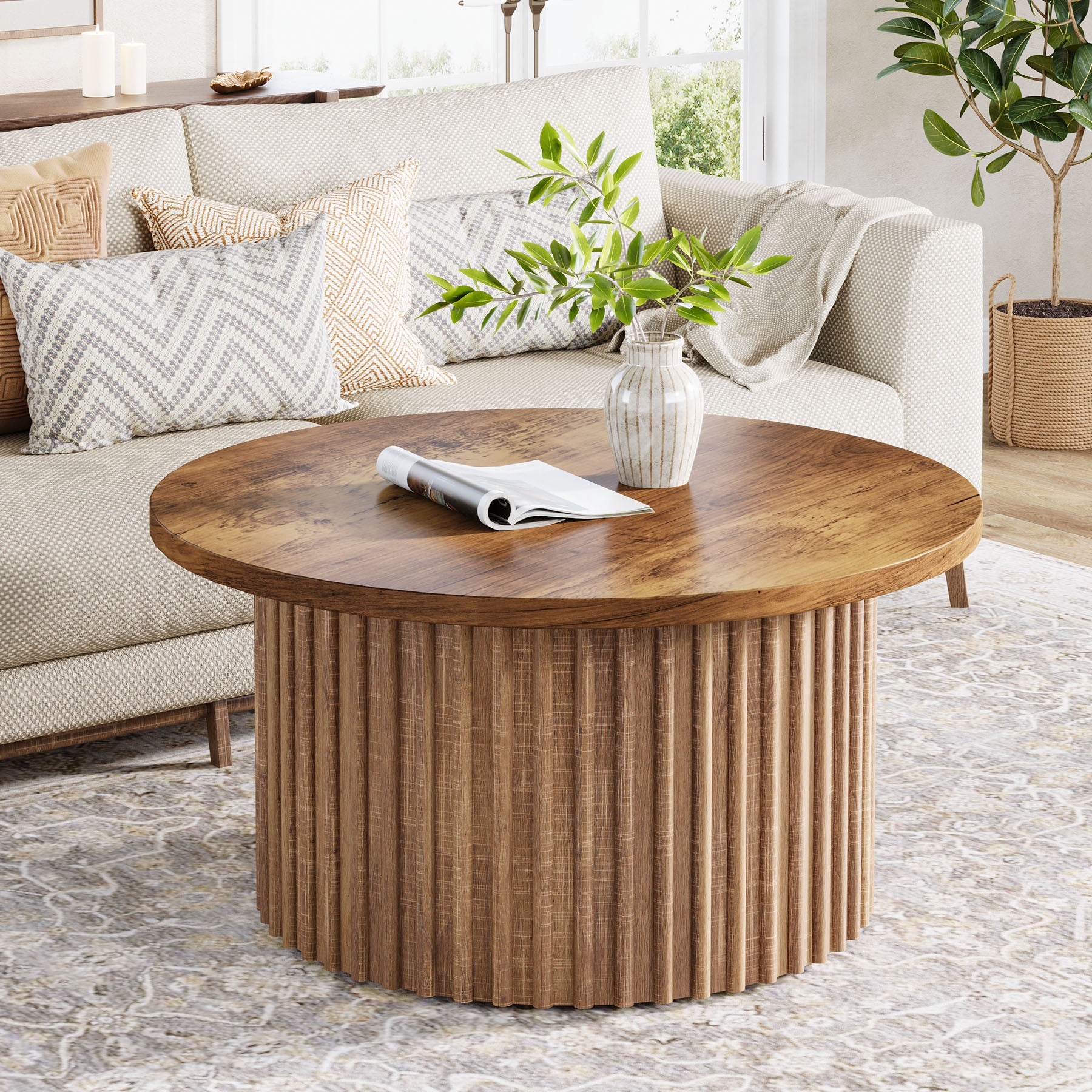 Ronde Salontafel 80 cm, Landelijke Cirkelvormige Tafel met Metalen Basis
