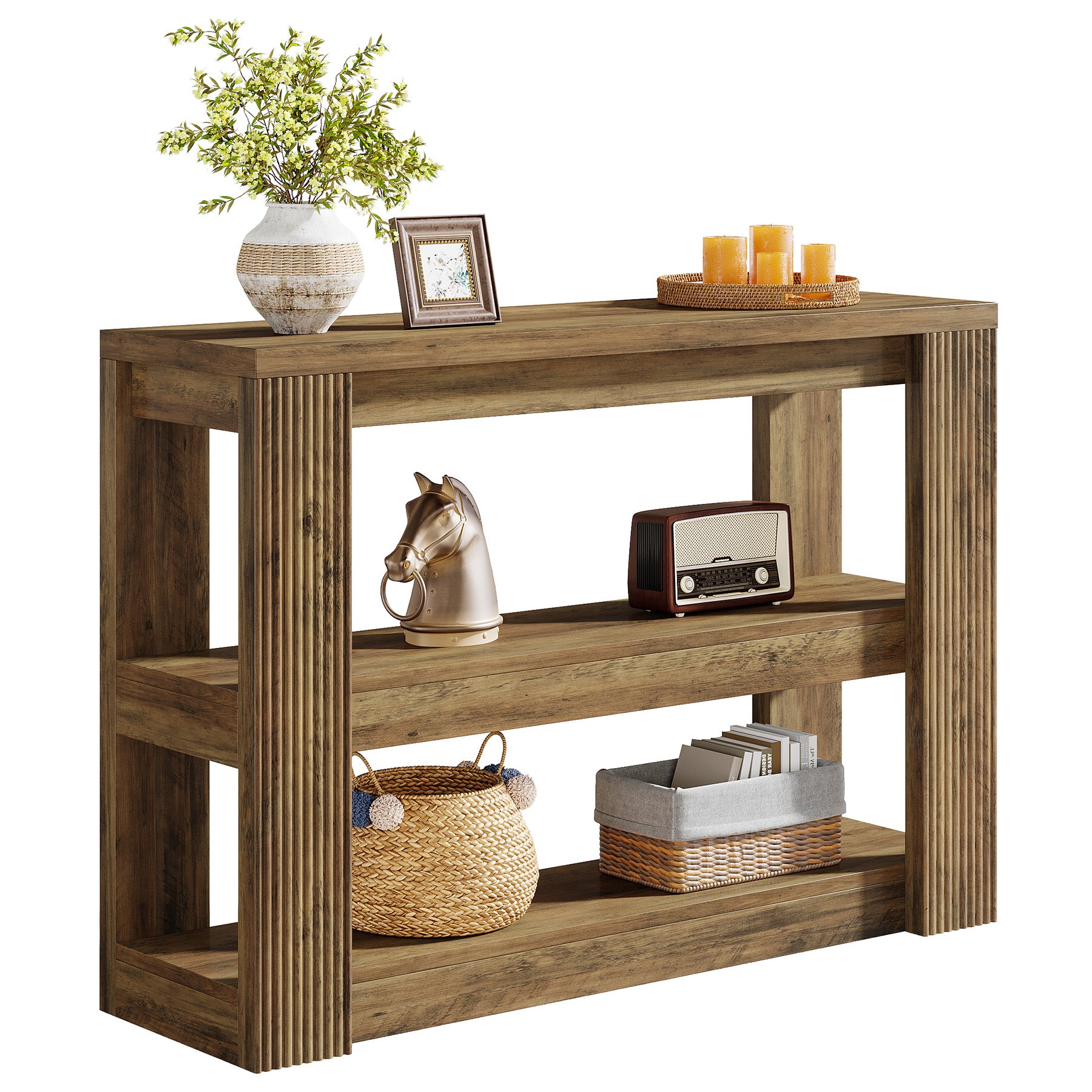 105 cm Landelijke Consoletafel met 3 Planken, Smalle Banktafel