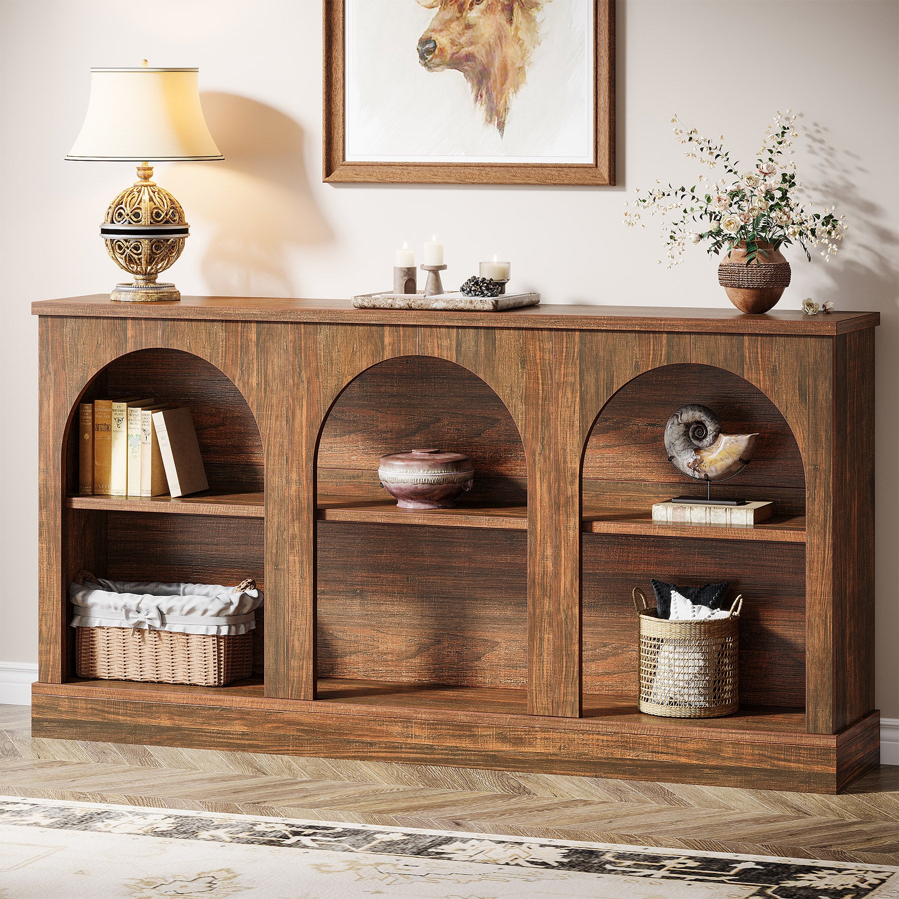 160 cm Boerderij Console, Lange Houten Tafel met Drie Planken voor Hal en Woonkamer