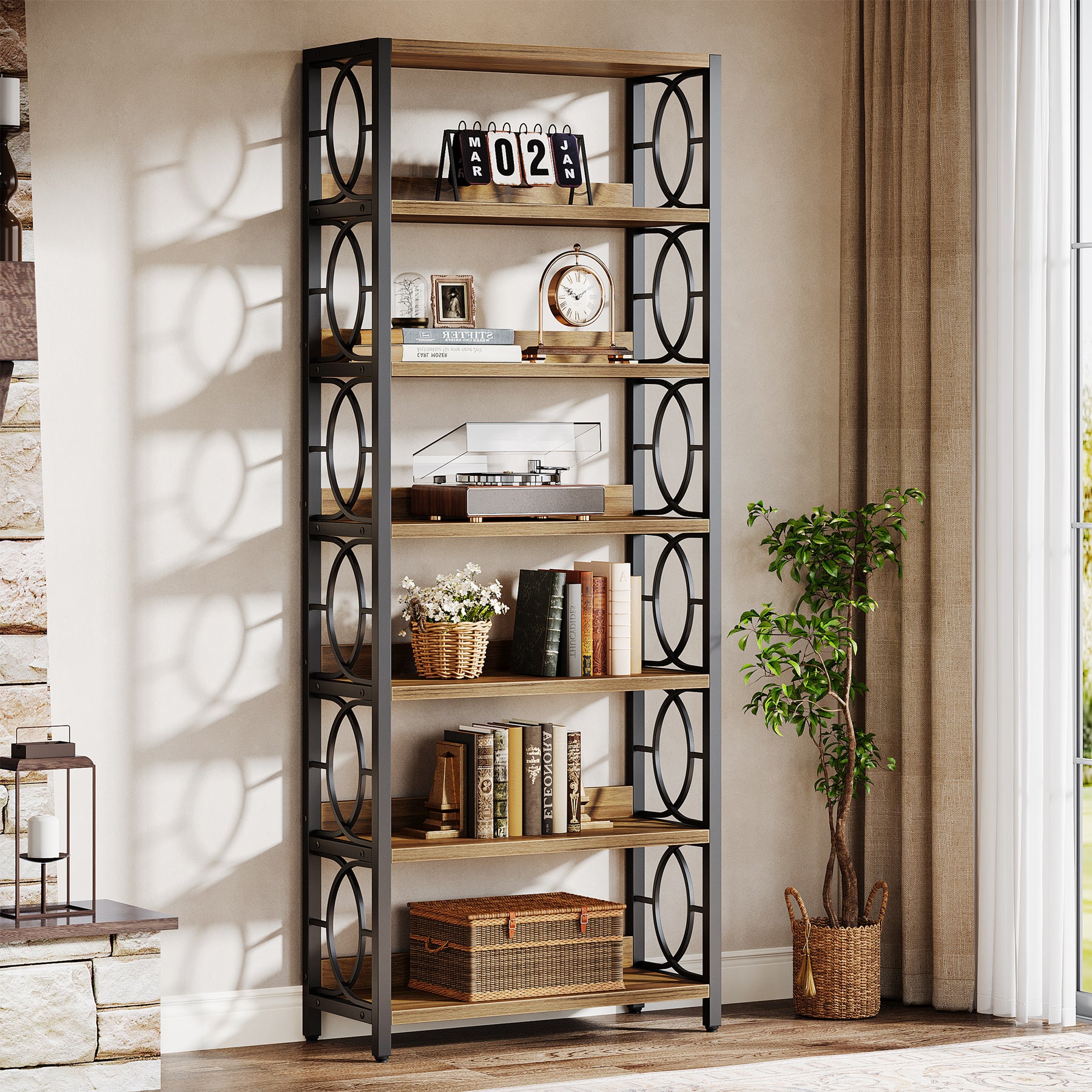180 cm Boekenkast met 6 Niveaus, Industrieel Vrijstaand Displayrek met Metalen Frame