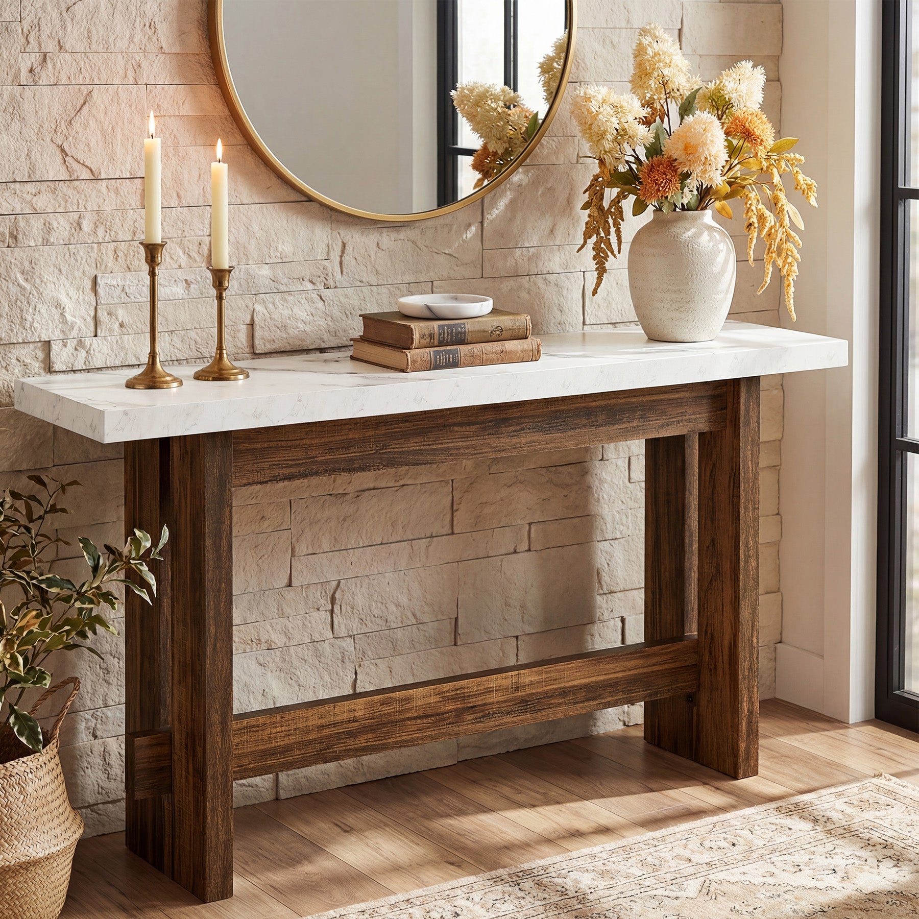 160 cm farmhouse consoletafel met marmerlook blad, smalle sidetable voor entree en woonkamer