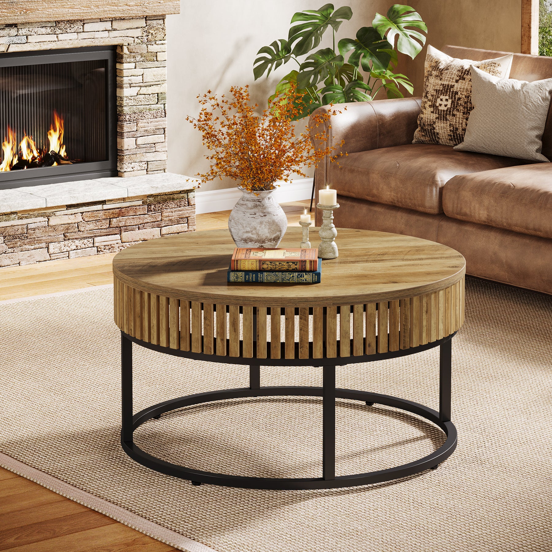 80 cm Ronde Salontafel van Hout, Moderne Industriële Koffietafel voor de Woonkamer