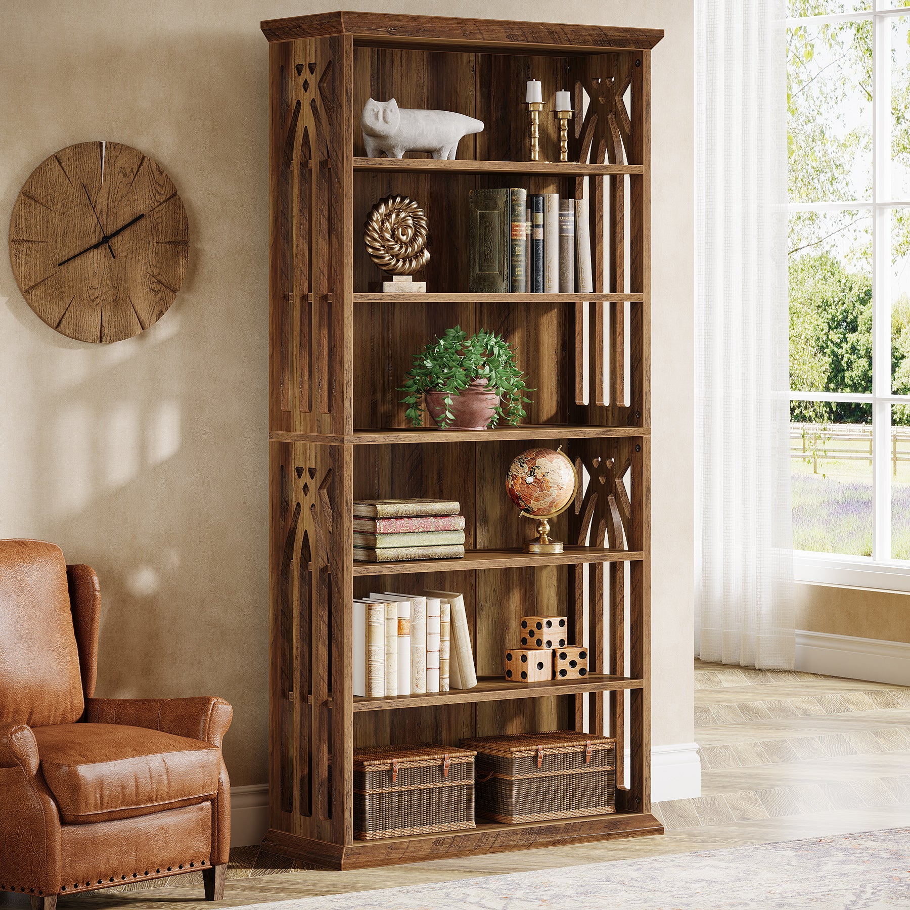 190 cm Hoge Boekenkast met 6 Lagen, Ruime Vrijstaande Houten Opberg- en Displaykast, Bruin