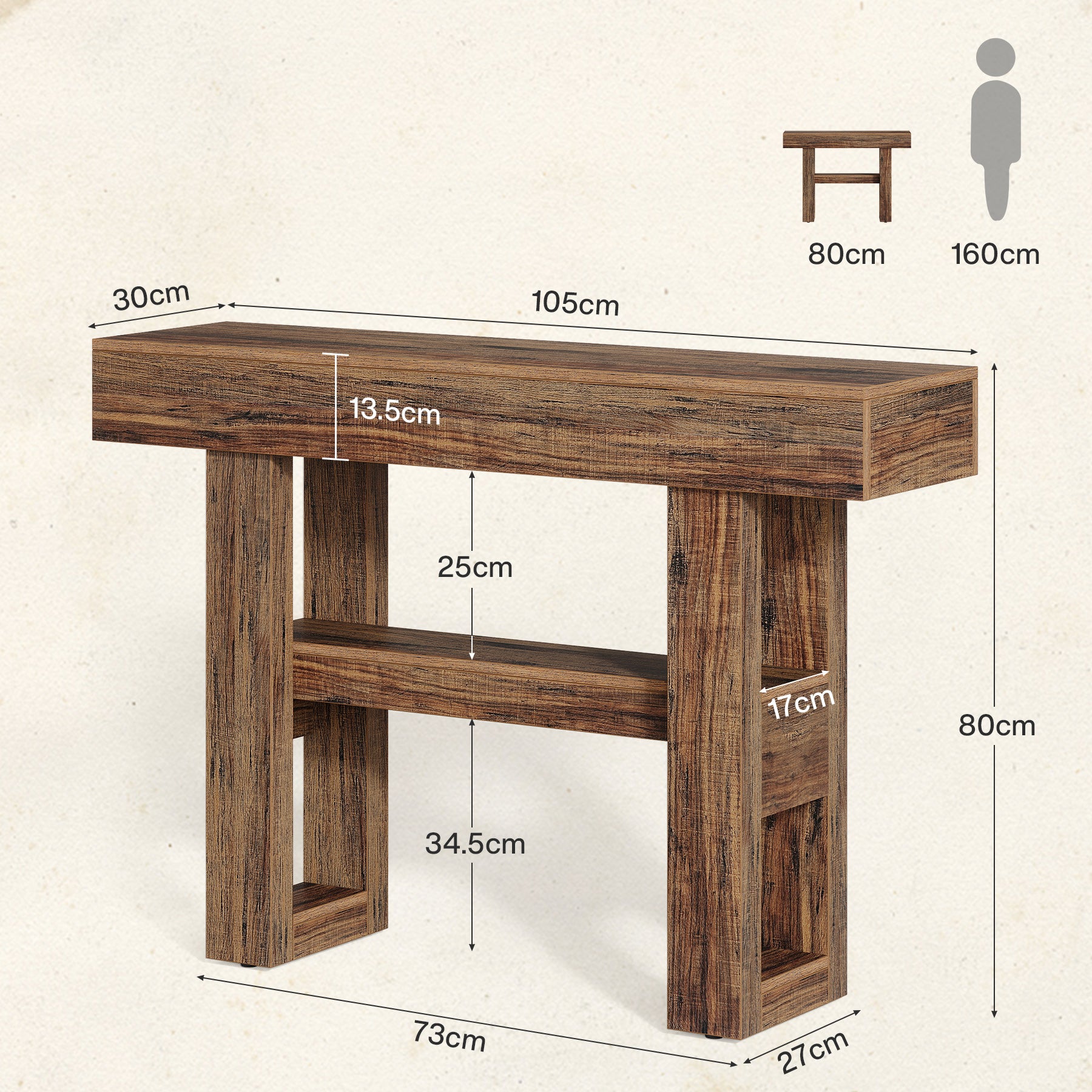 105 cm Smalle Consoletafel met 2 Niveaus, Rustieke Entreetafel voor Hal en Woonkamer