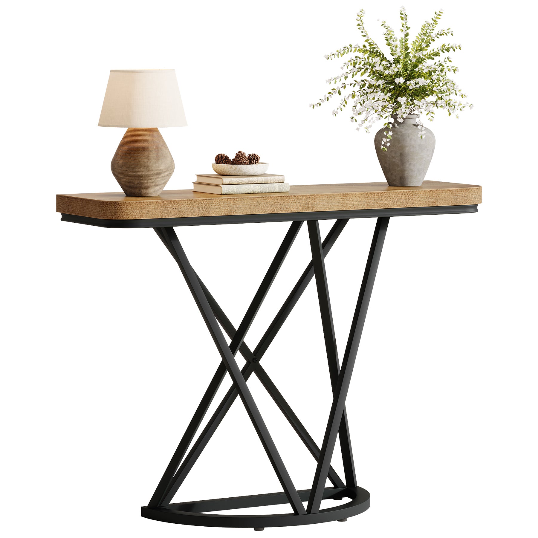105 cm Industriële Console Tafel, Smalle Entreetafel met Geometrisch Metaal Onderstel