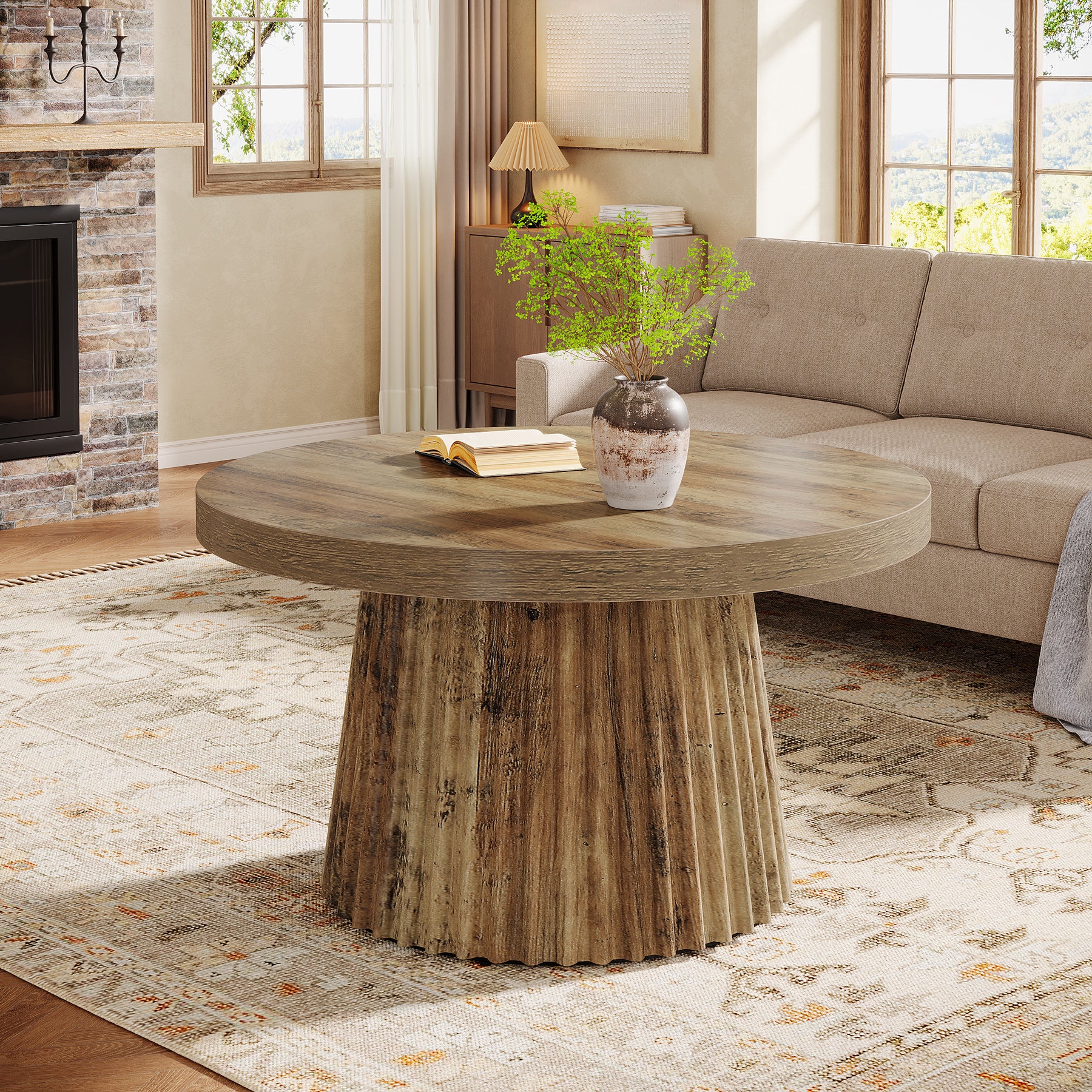 80 cm Ronde Landelijke Salontafel met Gegroefde Trommelvoet, Mid-Century Accent Tafel
