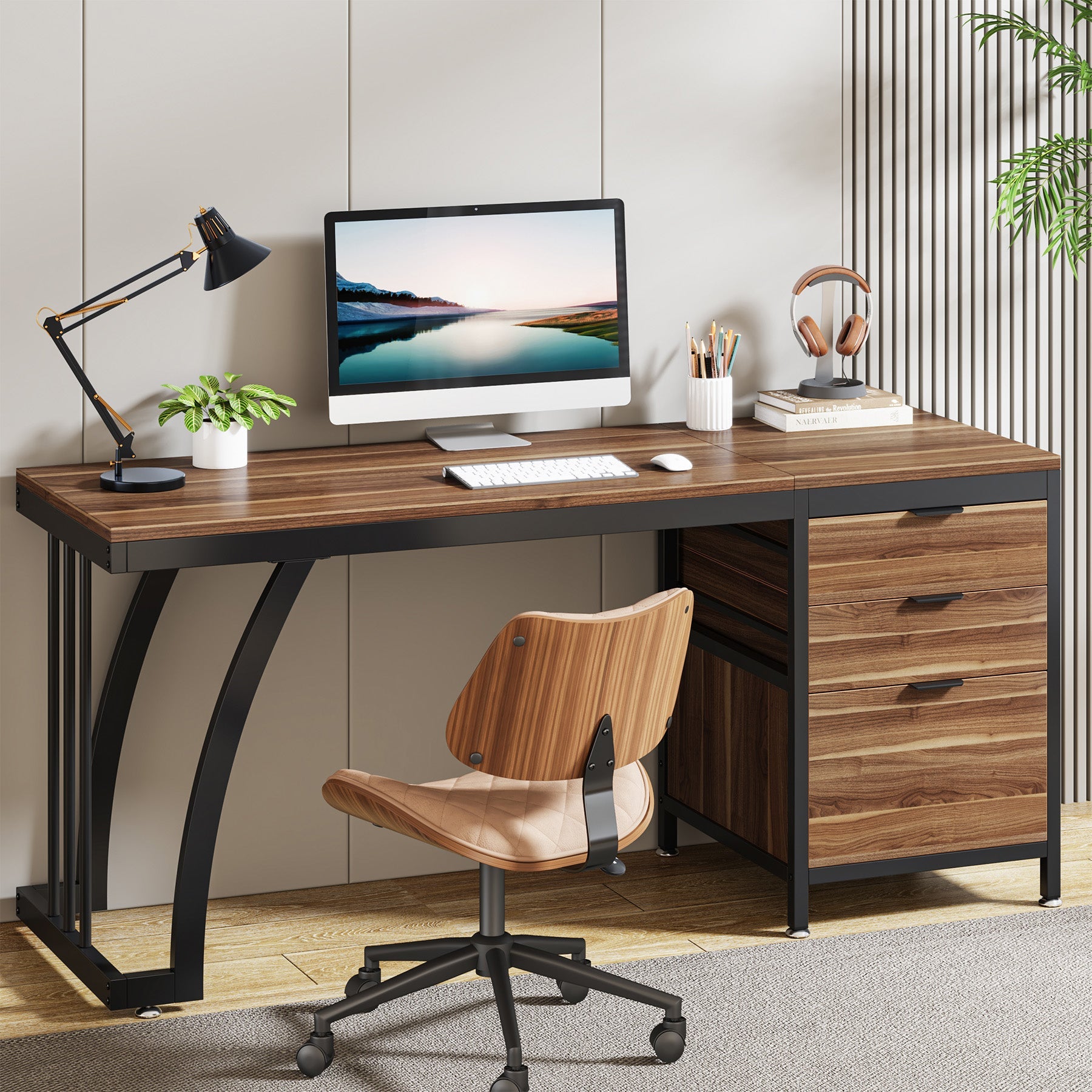 150 cm Computertafel, Industrieel Bureau Met 3 Ombouwbare Laden in Rustiek Bruin
