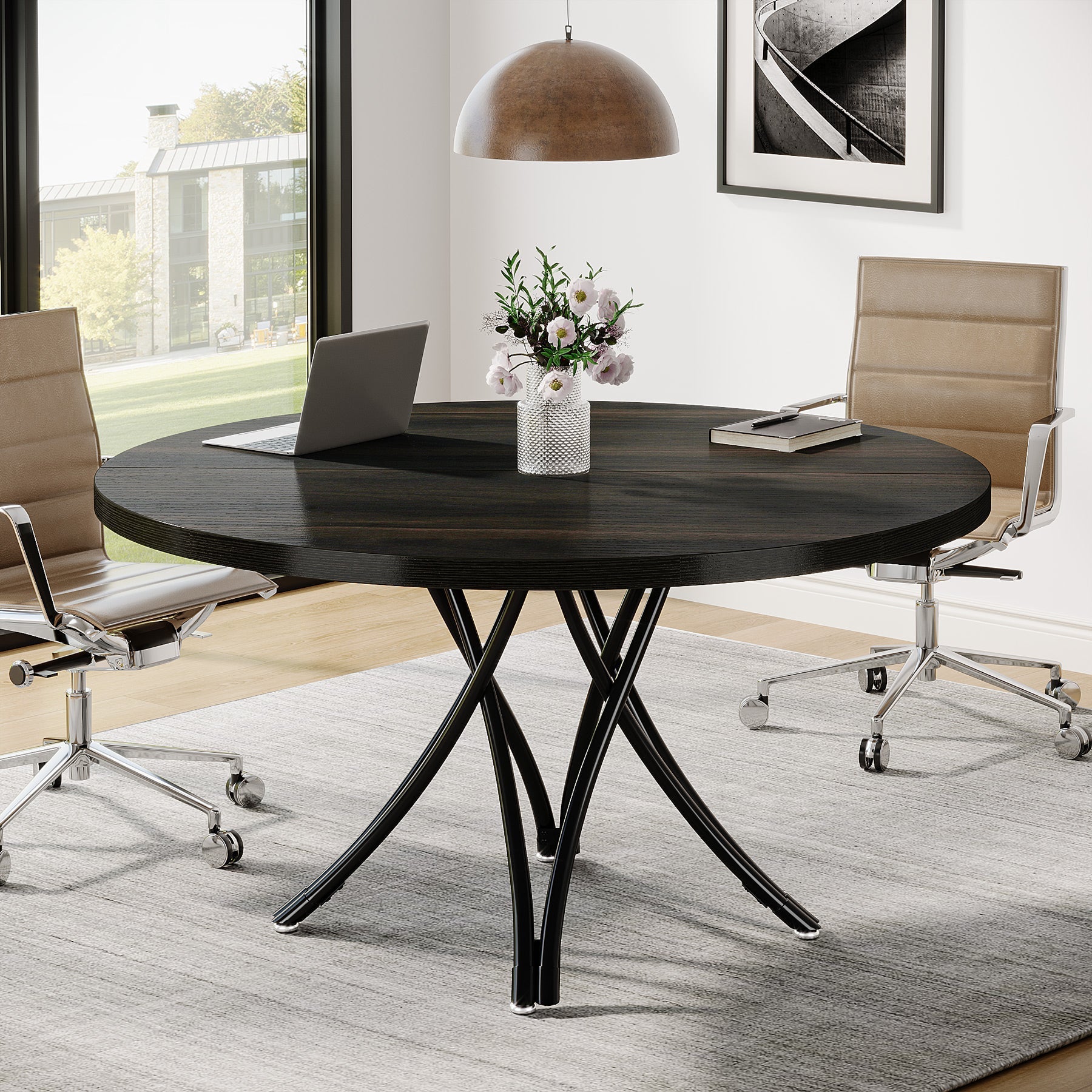 Ronde Vergadertafel van 120 cm, Moderne Zwarte Tafel voor Kantoorruimte