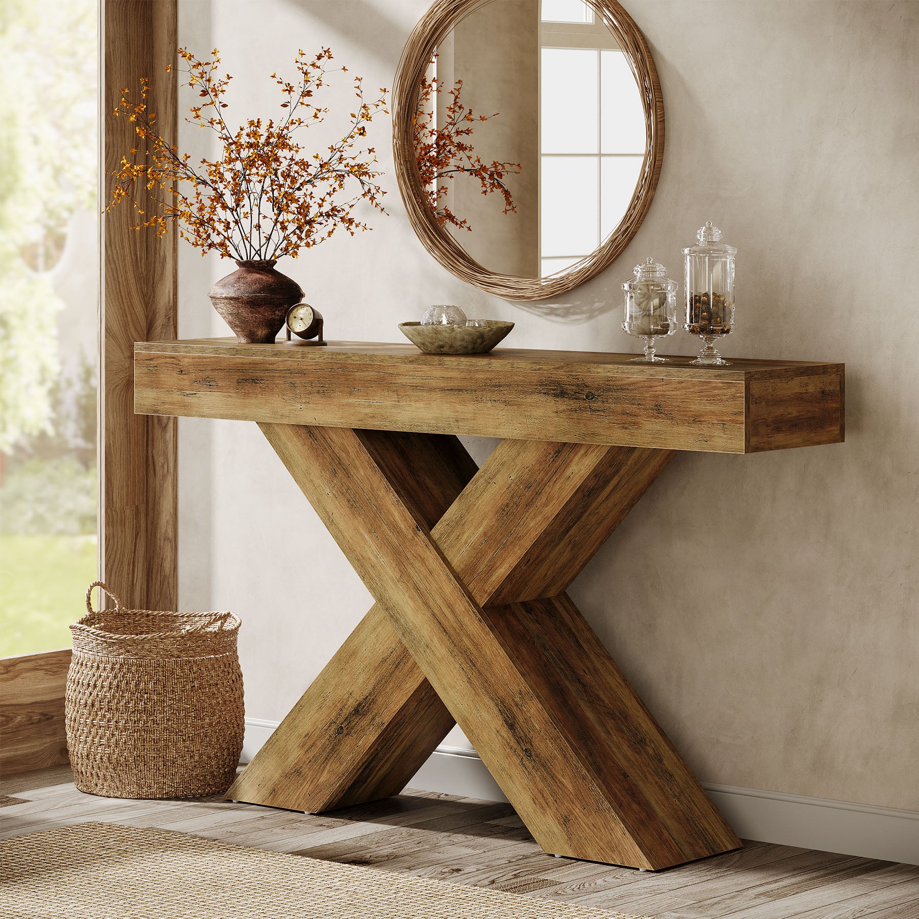 140 cm consoletafel, houten sidetable met uniek ontwerp voor hal of achter bank