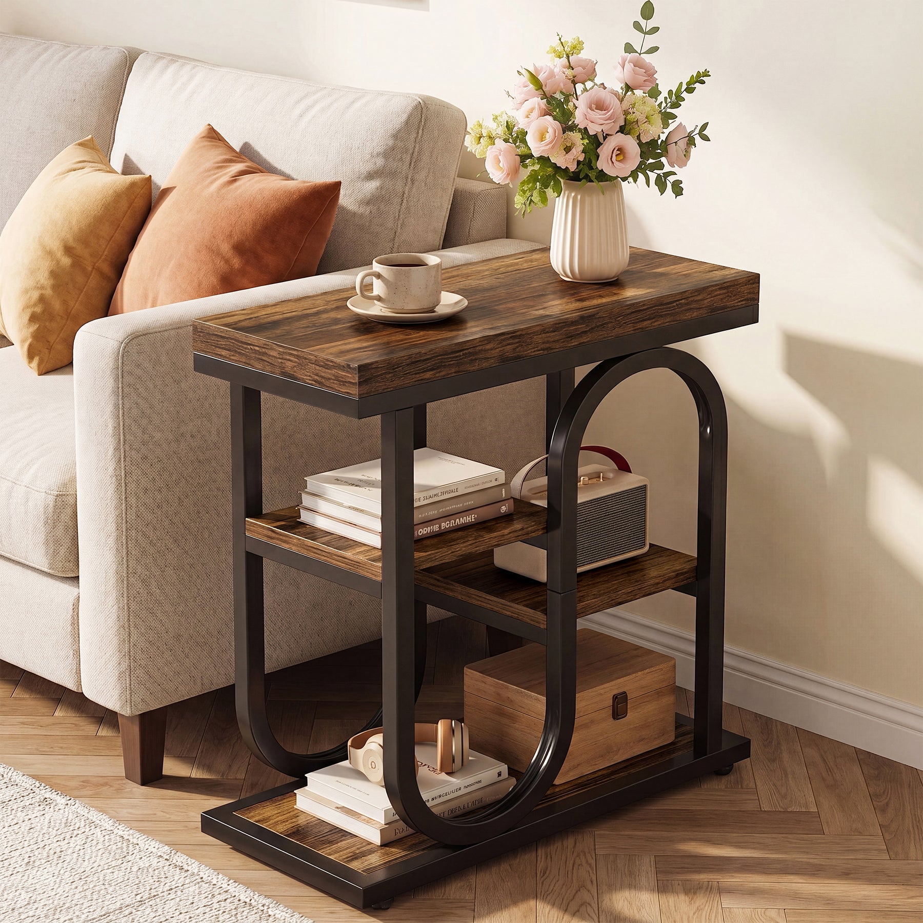 Tribesigns smalle bijzettafel met 4 planken, nachtkastje in industriële stijl met metalen frame